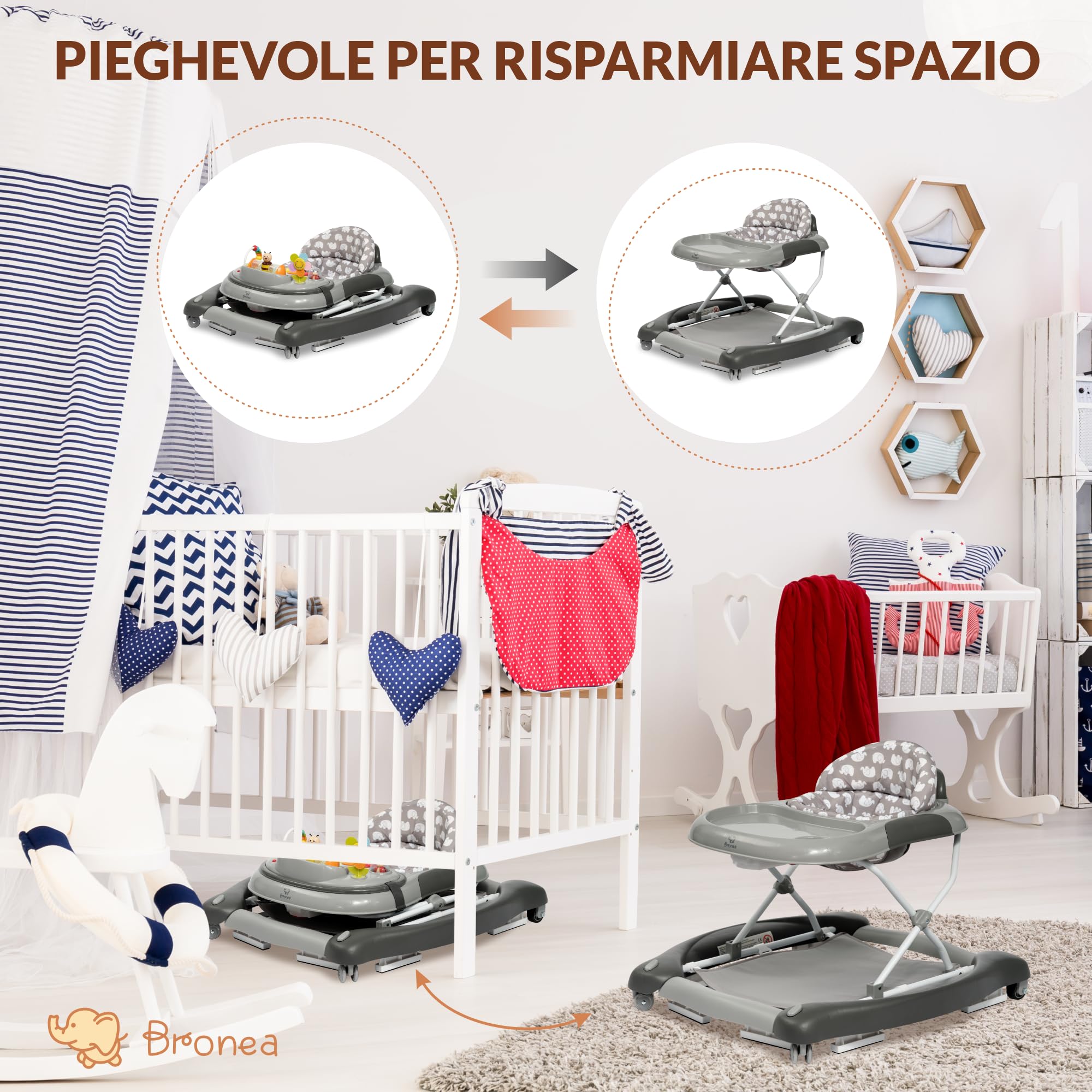 Girello 4-in-1 per Bambini con funzione altalena e pannello di gioco con musica | Regolabile in altezza e pieghevole | Con ruote silenziose e freno
