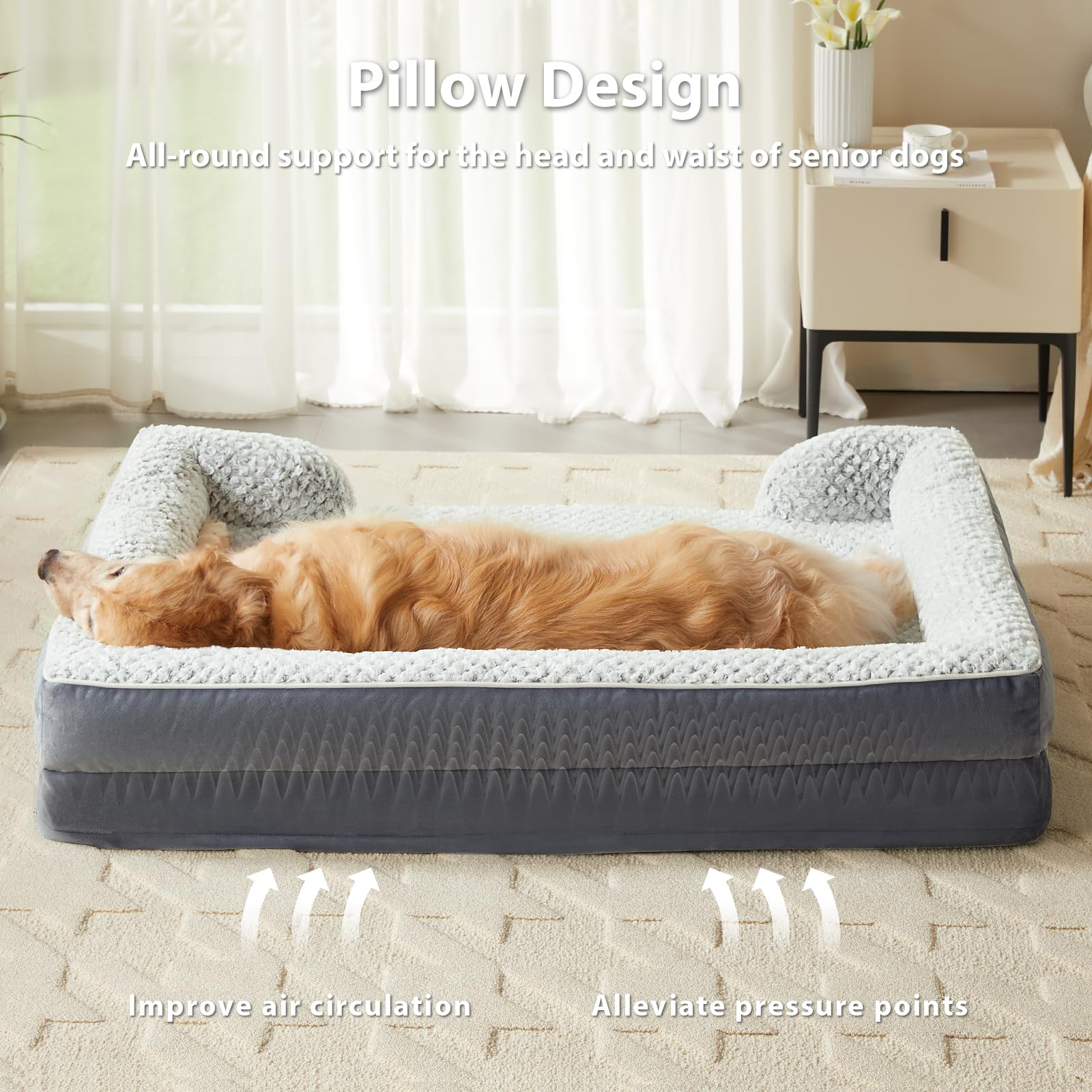 LEXTRO Cama ortopédica para perros grandes, cama de espuma para perros grandes, equipada con funda de almohada impermeable extraíble y parte inferior antideslizante, cama para mascotas