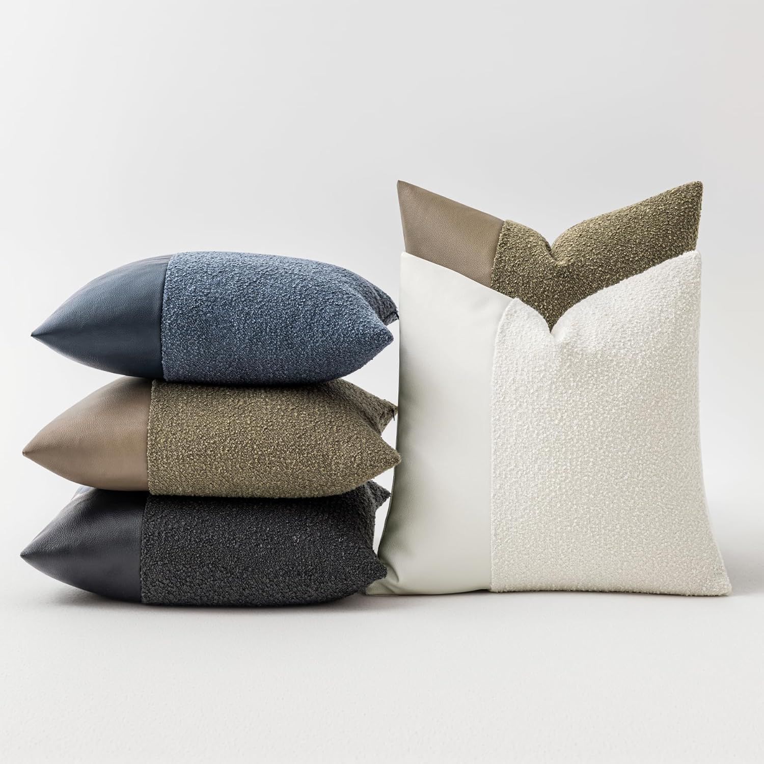 Set of 2 Fluffy Boucle Pillow Covers 22"x22", Charcoal Black Textured Throw Pillow Covers with Faux Leather Accents, Boho Decorative Pillow Cases for Couch, Bed, or Farmhouse Home Decor