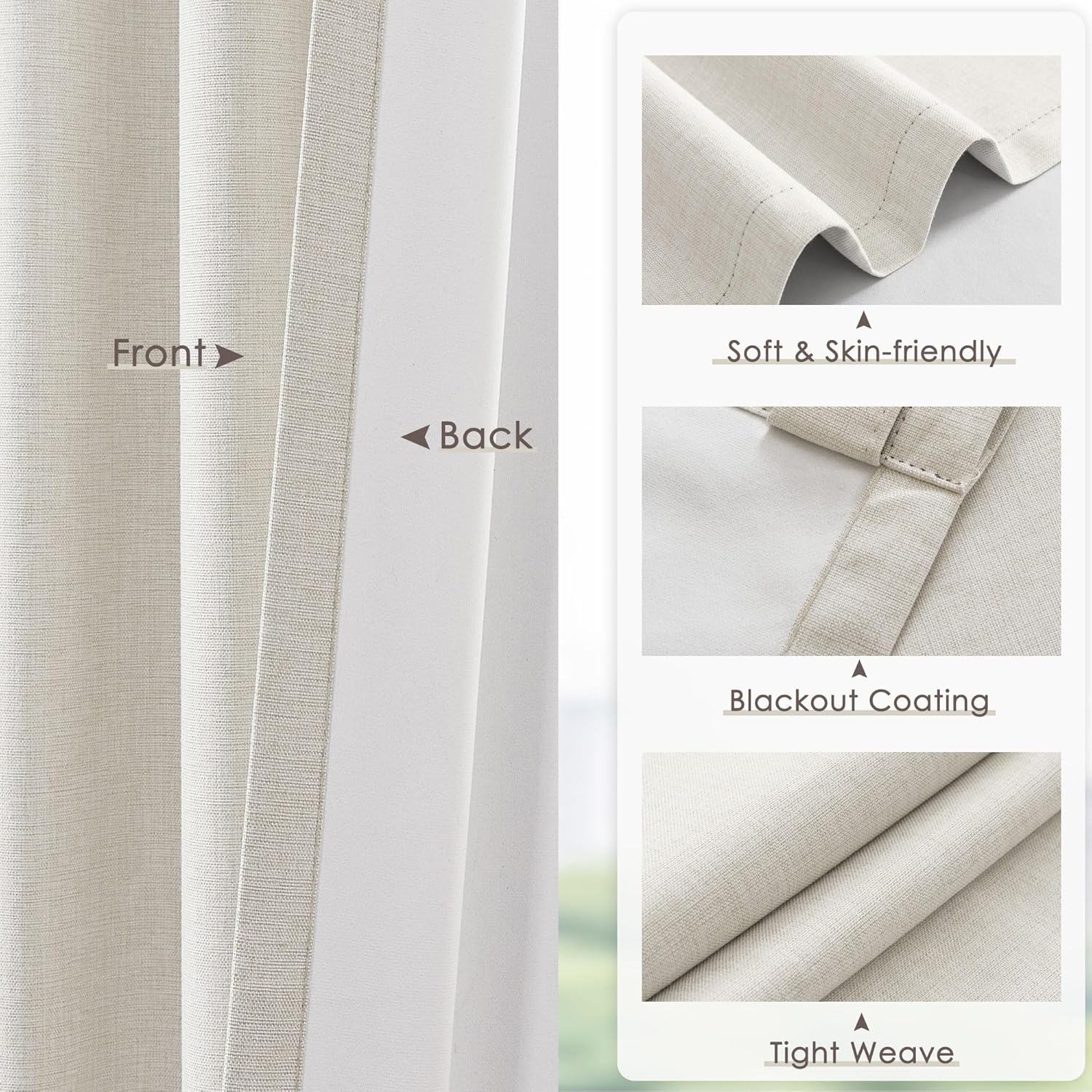 Linen Blackout Curtains 45 Inch Long for Living Room Bedroom, Ivory Drapes Pinch Pleat Thermal Insulated Room Darkening Noise Reducing Black Out Curtain 2 Panels Set with Back Tab