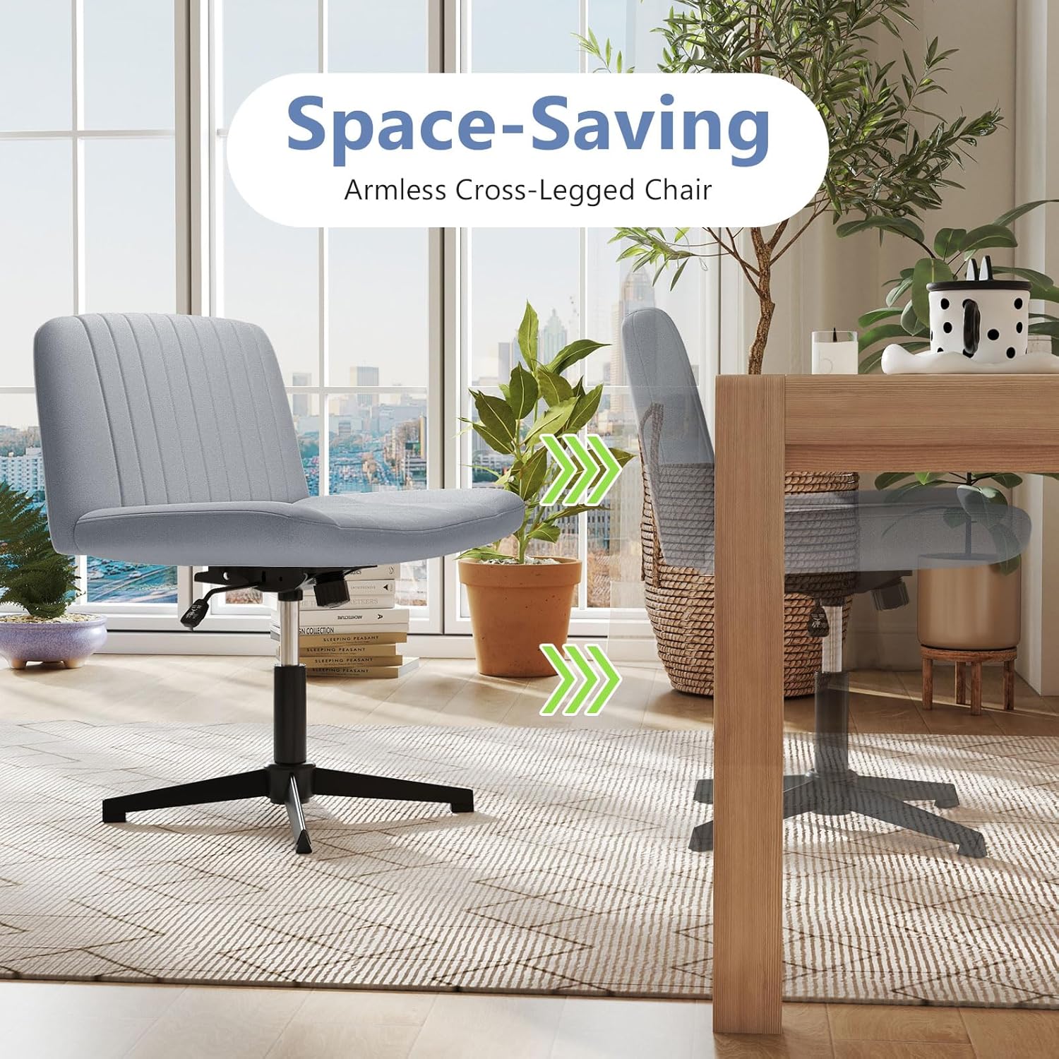 Giantex Criss Cross Chair, Armless Cross Legged Office Chair No Wheels, Fabric Adjustable Swivel Ergonomic Desk Seat, Modern Wide Makeup Task Vanity Chair for Home, Gray