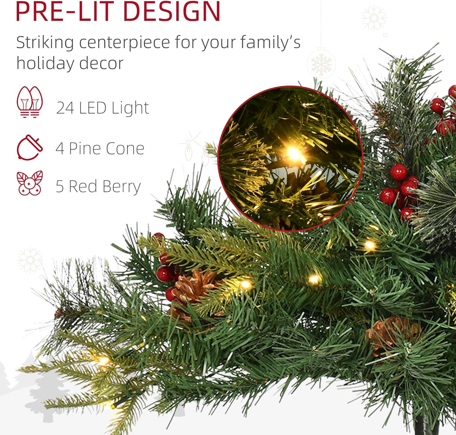 HOMCOM 2 Ft/22 inch 2 Pack Prelit Artificial Christmas Tree Cordless with 69 Branches, Warm White LED Lights, Red Berries, Pine Cones, for Outdoor Entryway, Green