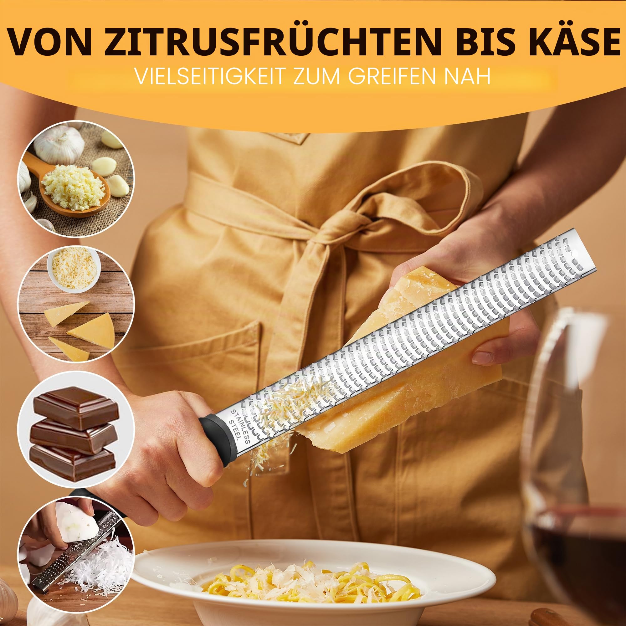 ORBLUE Käsereibe Zitronenreibe Zester Reibe Fein Parmesanreibe Handreibe Rasiermesserscharfe Premium Edelstahl Reibeoberfläche- für Hartkäse - Ingwerreibe