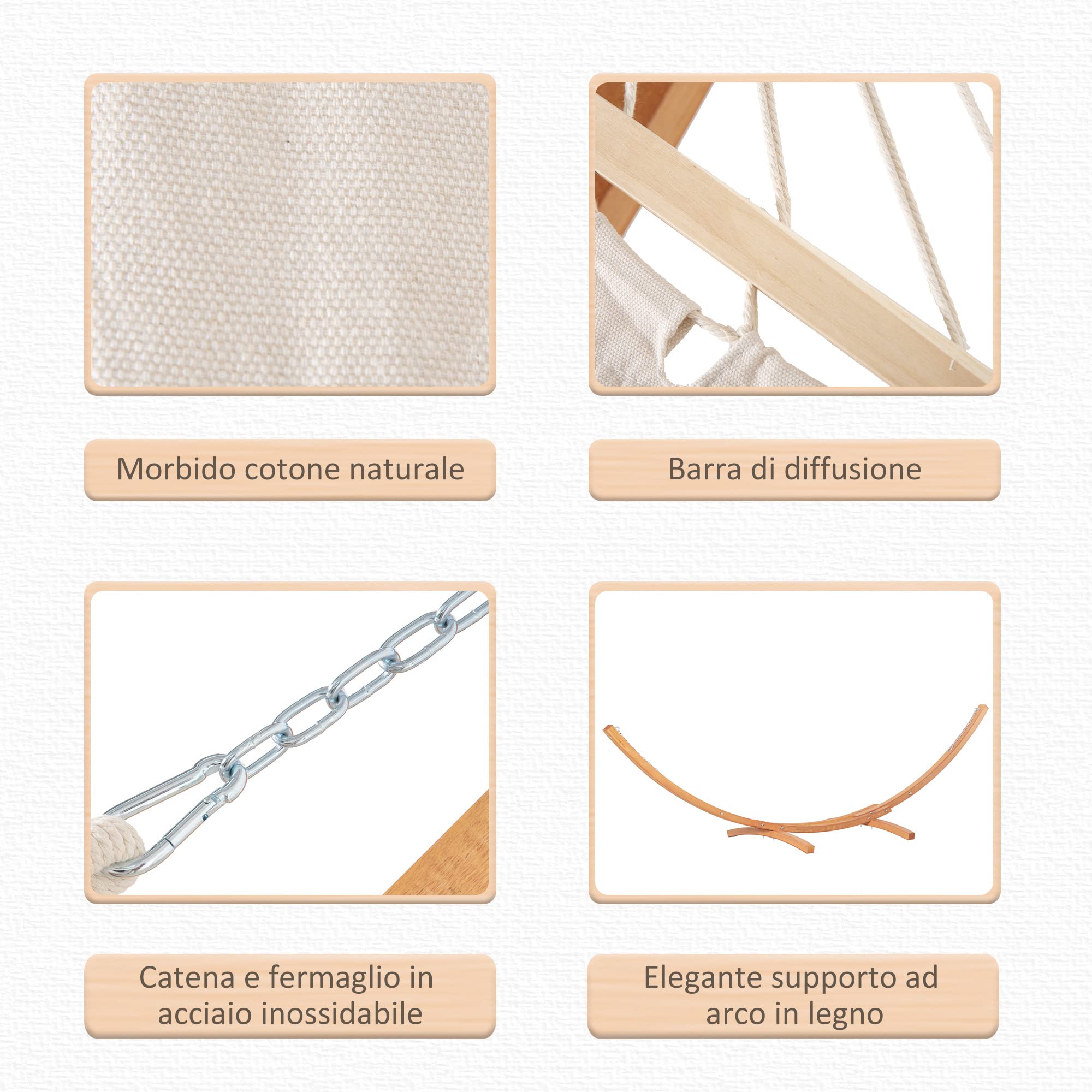 Outsunny Amaca con Supporto in Legno e Cotone, Amaca da Giardino per altri Spazi Esterni, 392x120x102cm, Bianca