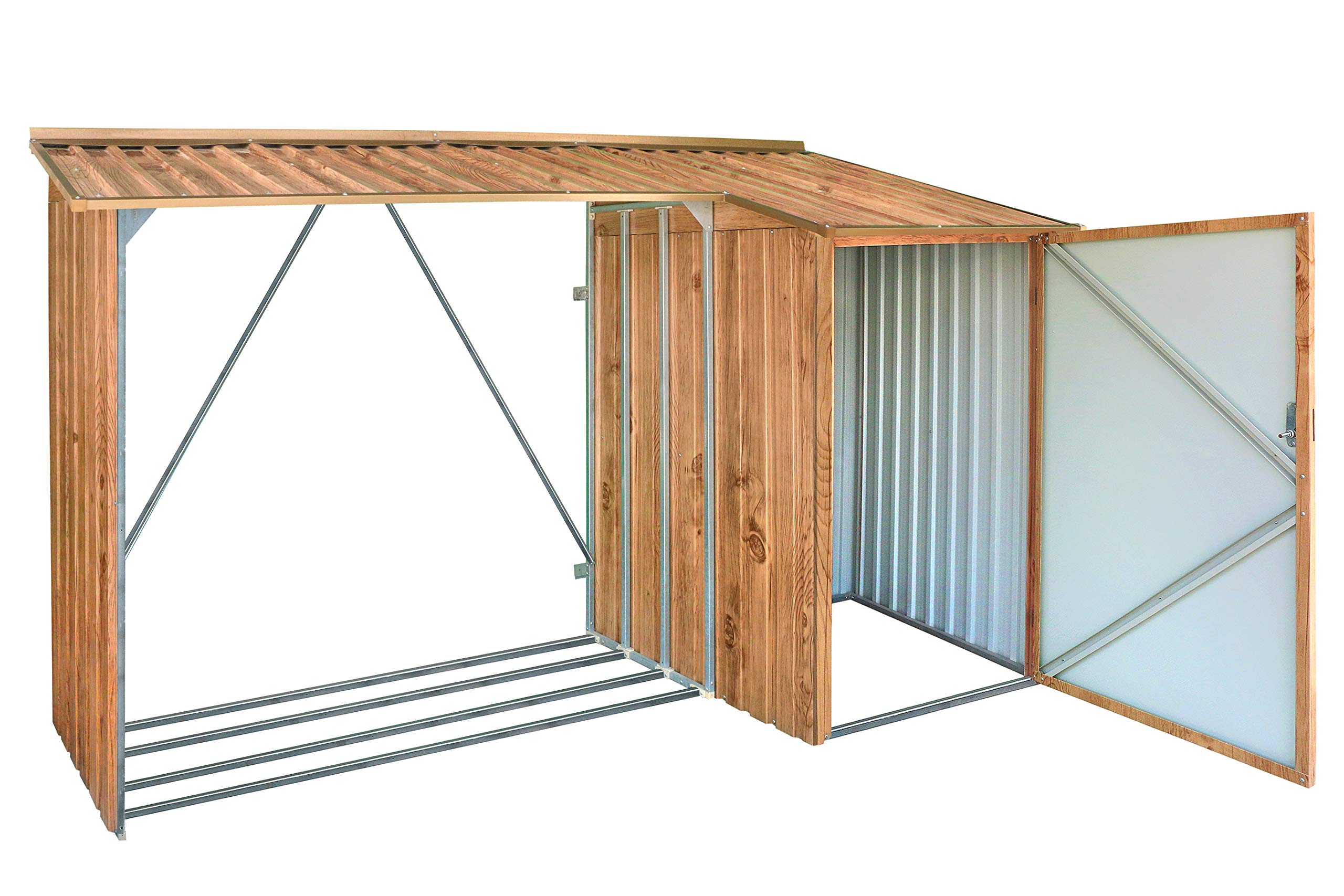 Duramax WoodStore Combo 8 x 3 Kaminholzunterstand, Holzlager mit seitlich geschlossenem Stauraum, Tür mit Schlüssel abschließbar, Boden zum Anheben des Holzes, Holzmaserung