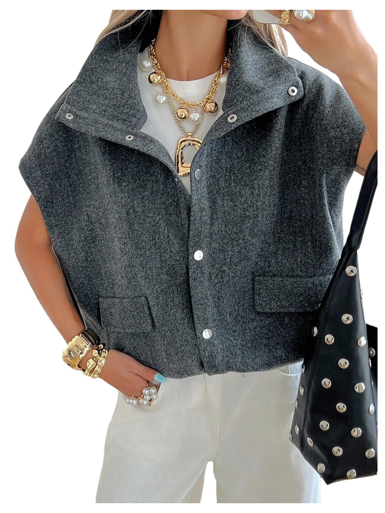 GORGLITTER Womens Button Down Jackets Casual Cap Sleeve Lapel Collar Fall Oversized Vest