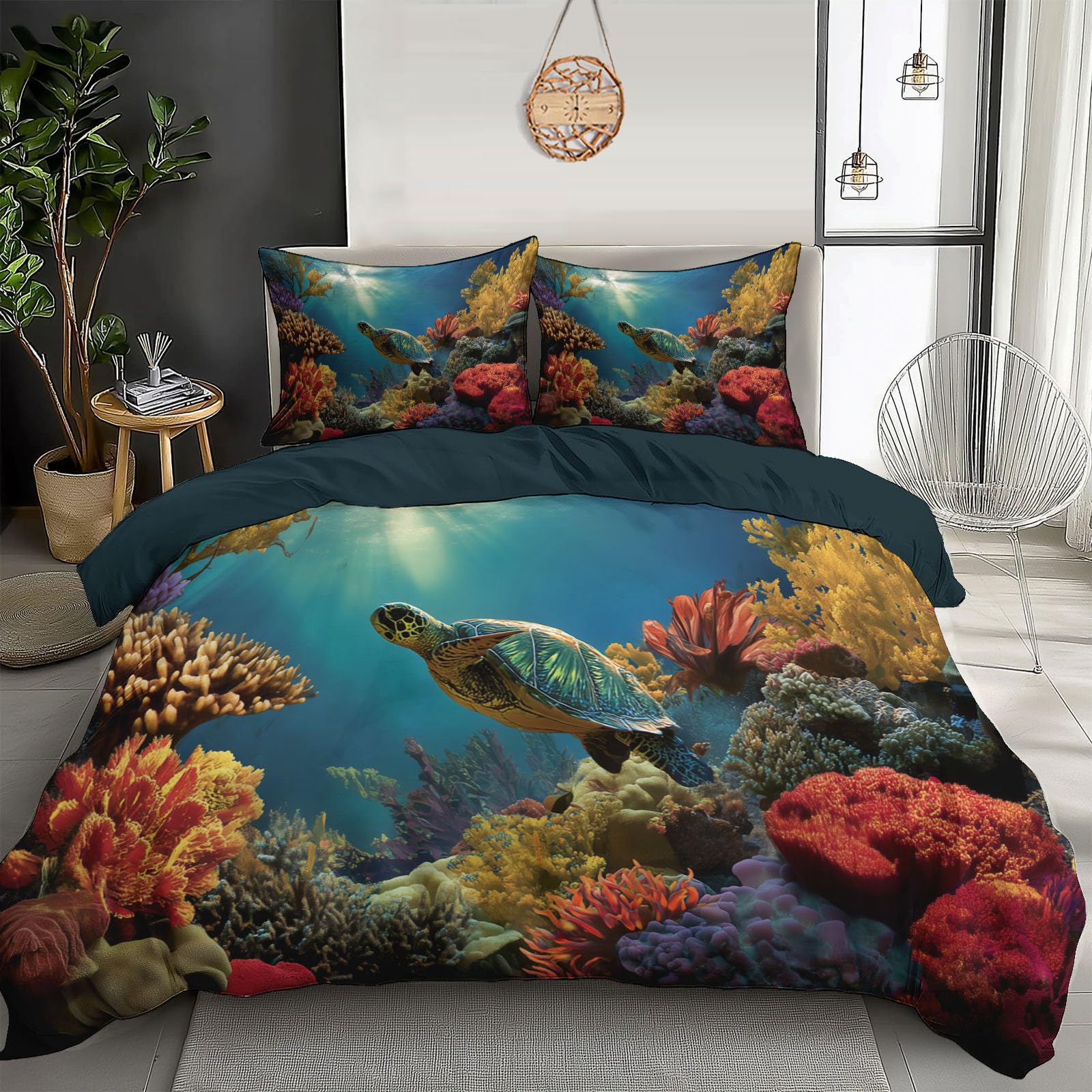 Housse de couette 240x260cm bleu rouge parure lit 2 personnes récif de tortues en microfibre marine
