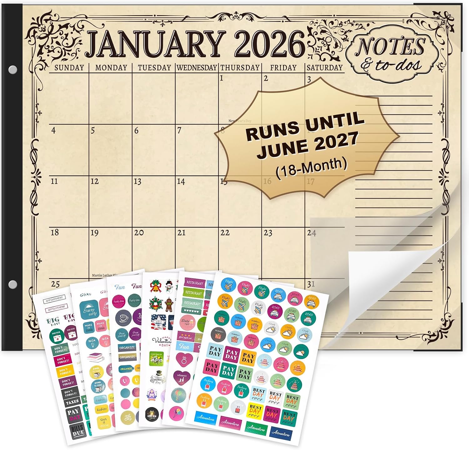 Desk Calendar 2026-2027, Large 22"x17", 18 Months from July 2026 to December 2027, Desktop Calendar with Plastic Cover and Colorful Stickers, Ideal for Home, Office, and School Planning, Doodle Black (July.2026-Dec.2027)