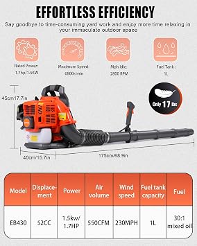 52cc Backpack Leaf Blower Gas Powered 550 CFM 230 MPH High Airflow for Lawn Care, Low-Vibration Harness, Clears Leaves, Debris & Snow (Orange)