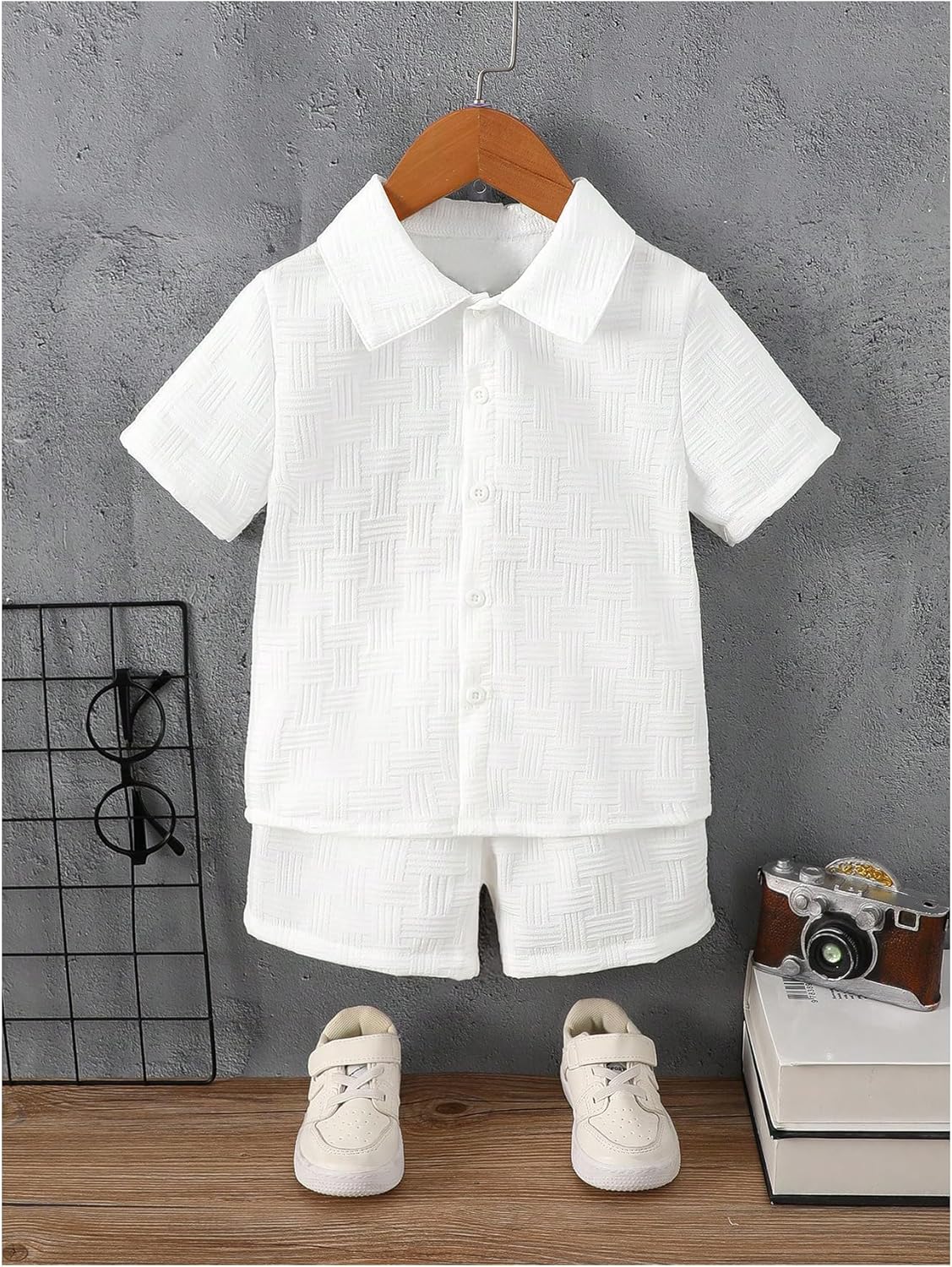 RoseSeek Boy's 2 Piece Outfits Short Sleeve Collar Button Down Shirts and Shorts Set Vacation Outfits