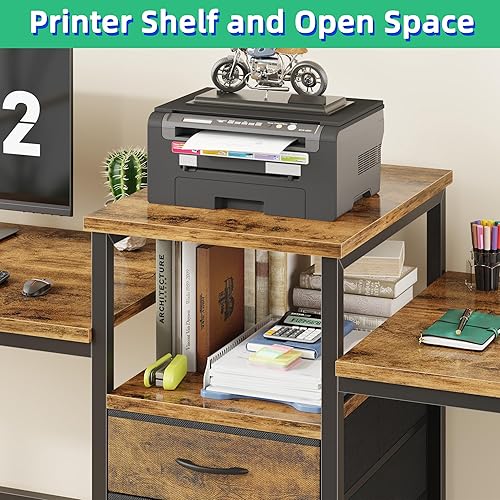 Miniatura 6 de GYIIYUO Escritorio para dos personas de 93 pulgadas con estación de carga, escritorio largo con 3 cajones de tela y estante para impresora,