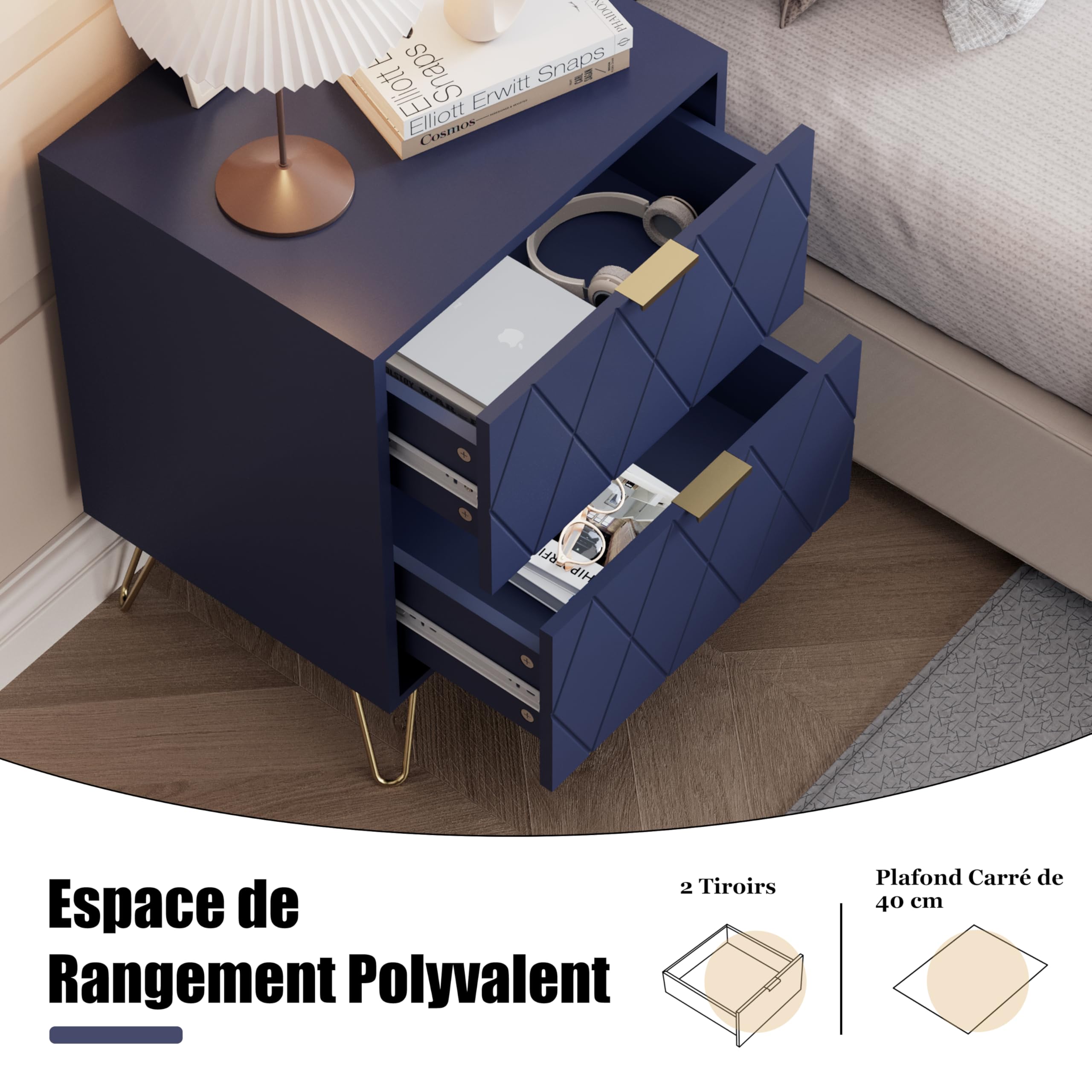 UEV Lot de 2 Table à Chevet, Table de Nuit, Table d’Appoint avec 2 Tiroirs, avec Manches et Pieds en Couleur Doré, Style Moderne, Scandinave pour Salon, Chambre, 40 x 30 x 52 cm, Bleu (2 Tiroirs)