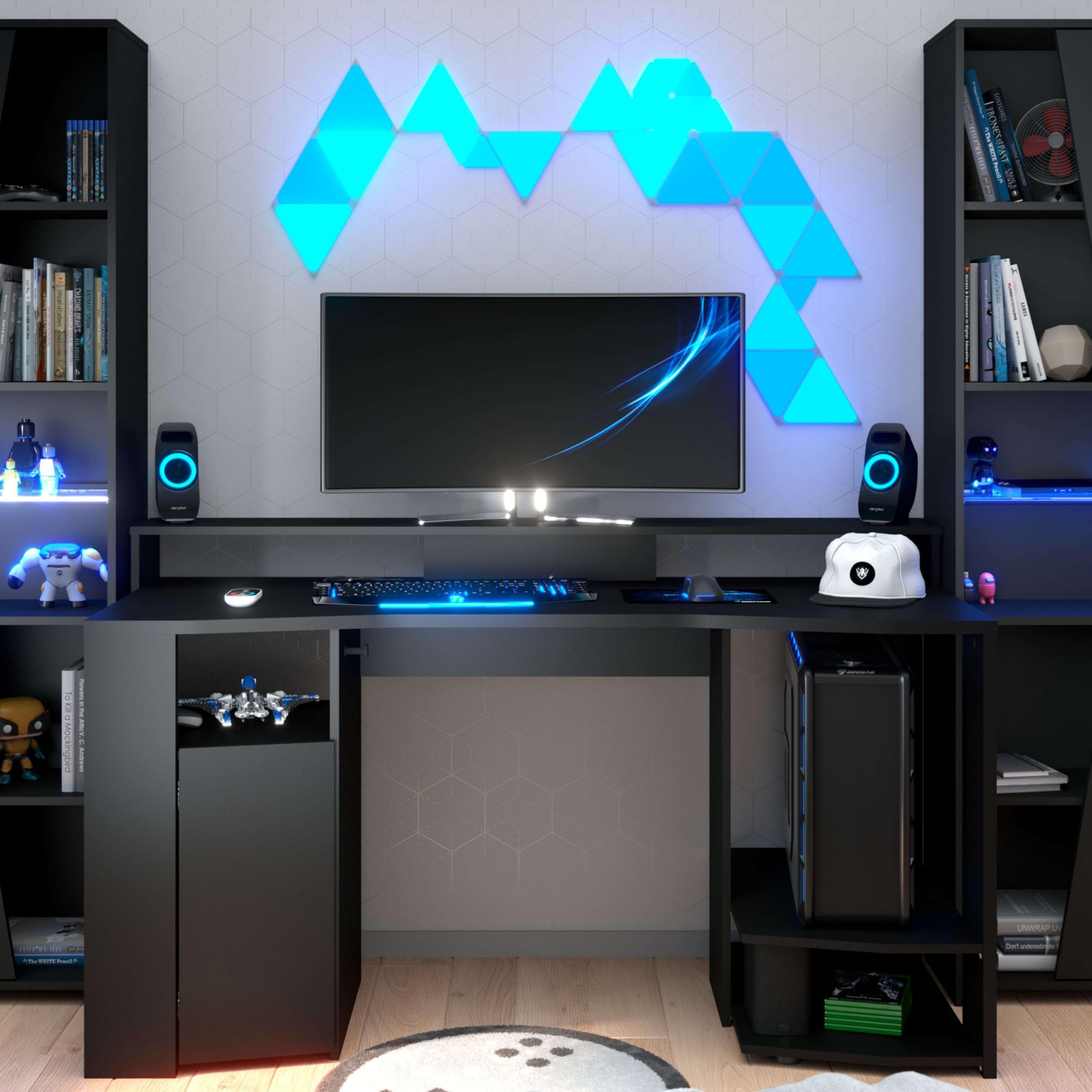 Miroytengo Table gaming couleur noire avec LED incluse Setup Gamer Bureau ordinateur style moderne Meuble 87 x 152 x 62 cm