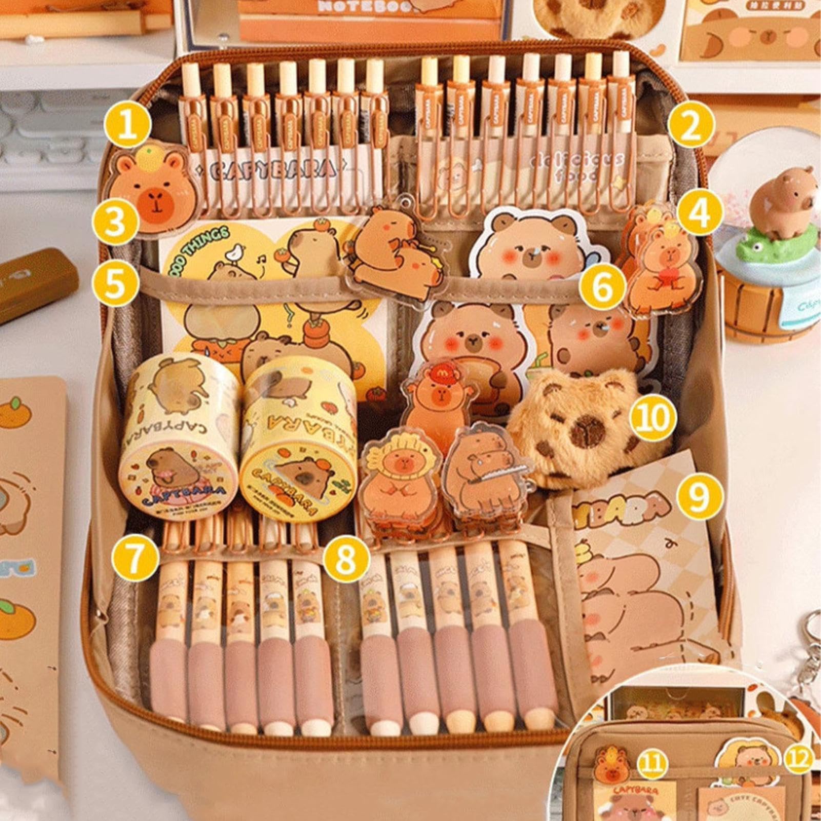 Simpatico set di cancelleria Capybara, organizer per penne per studenti, grazioso astuccio con penne, clip, righelli e altro, multi scomparti, organizer per matite con ampia apertura, per ufficio