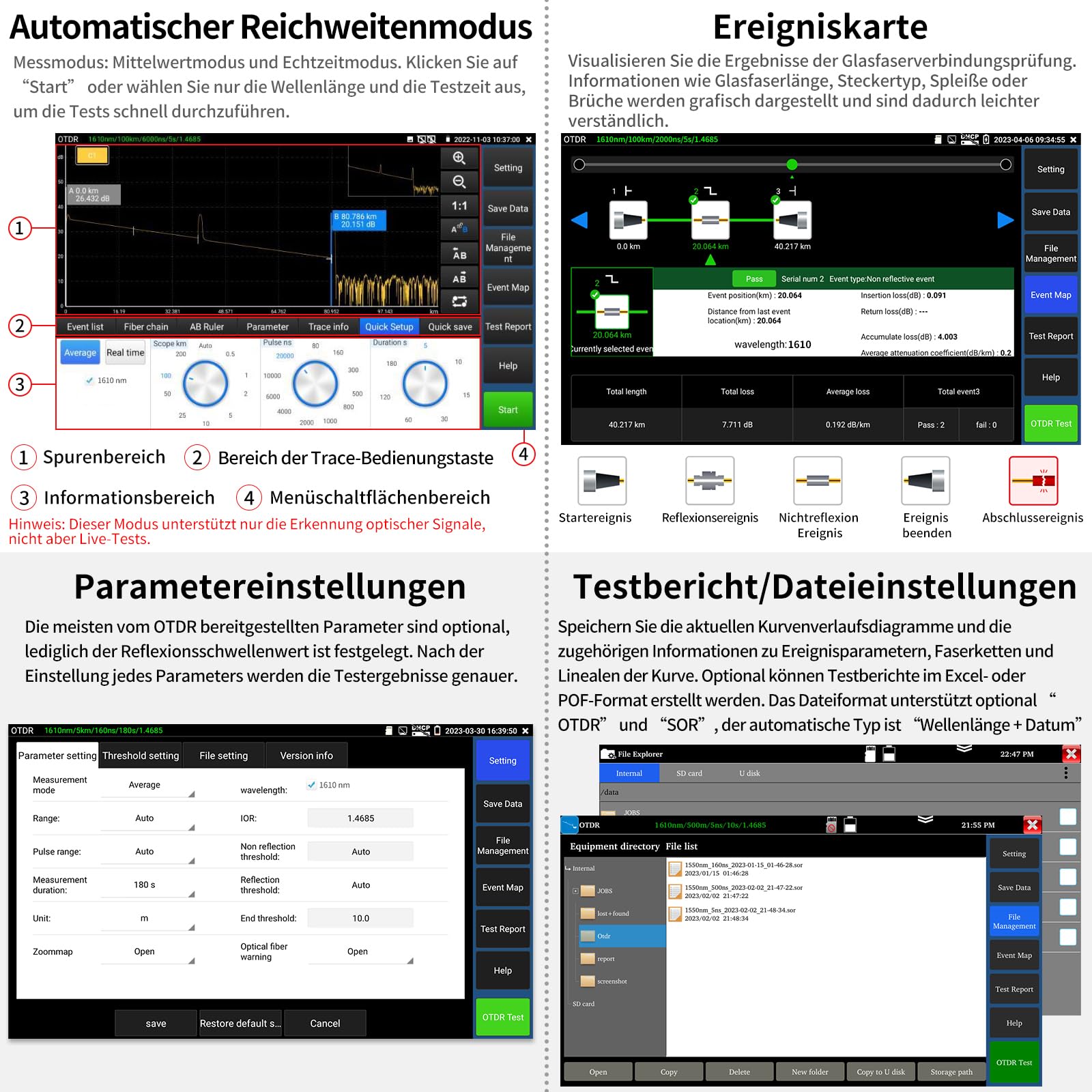 Henkion OTDR Fiber Optic Tester 1610nm 26dB Fasertester 1310/1490/1550/1577nm Live-Glasfaser-Test OPM LS OLS, Event Map,Kabeltester, Netzwerk-Tools, 8 Glasfaser-Adapter-Typen Datei-Einstellung/Bericht