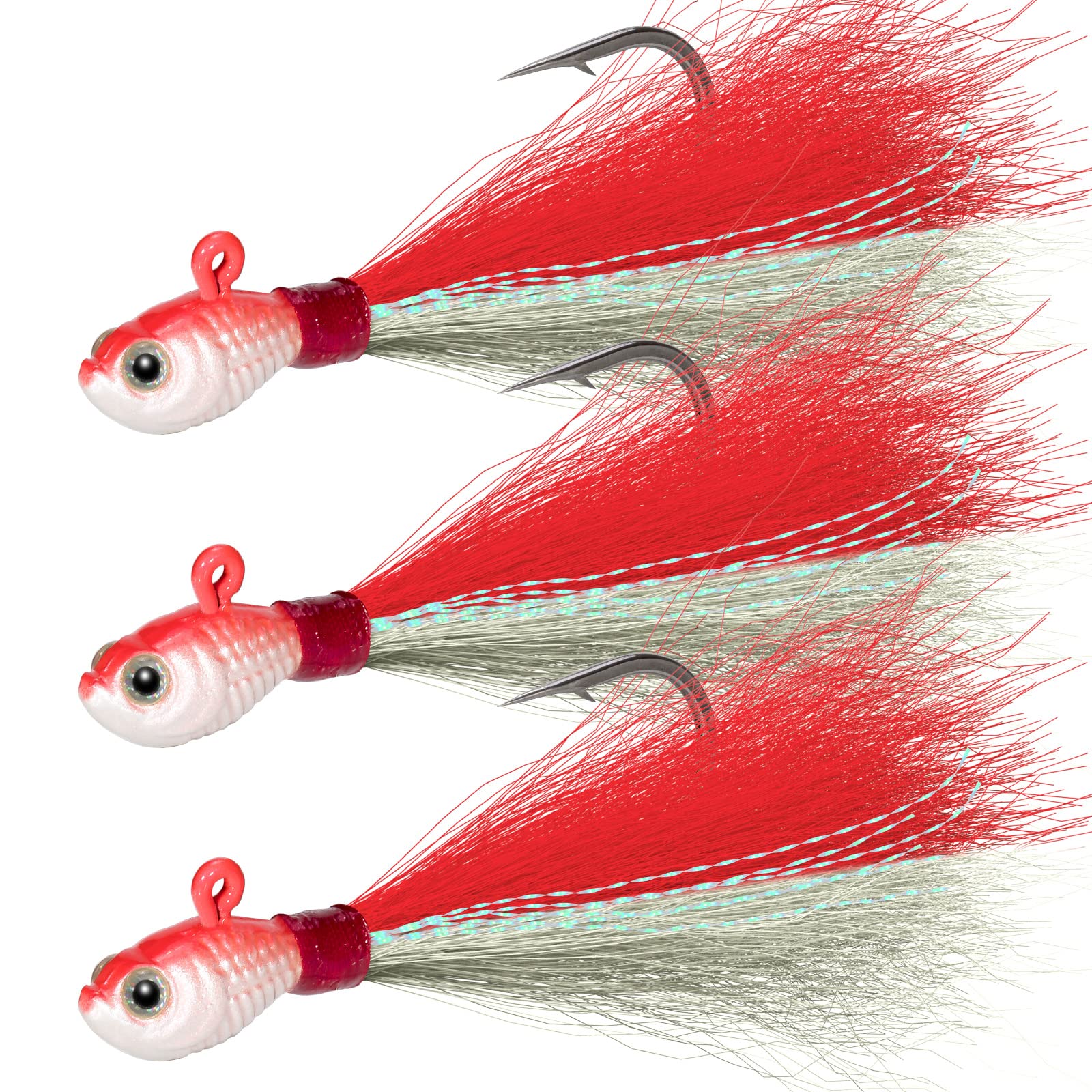 Dr.Fish 3 Pack Bucktail Jig Lure Hair Jig Saltwater Freshwater Lures Surf Fishing White Red Chartreuse Bass Flounder Striper Bluefish Halibut Redfish