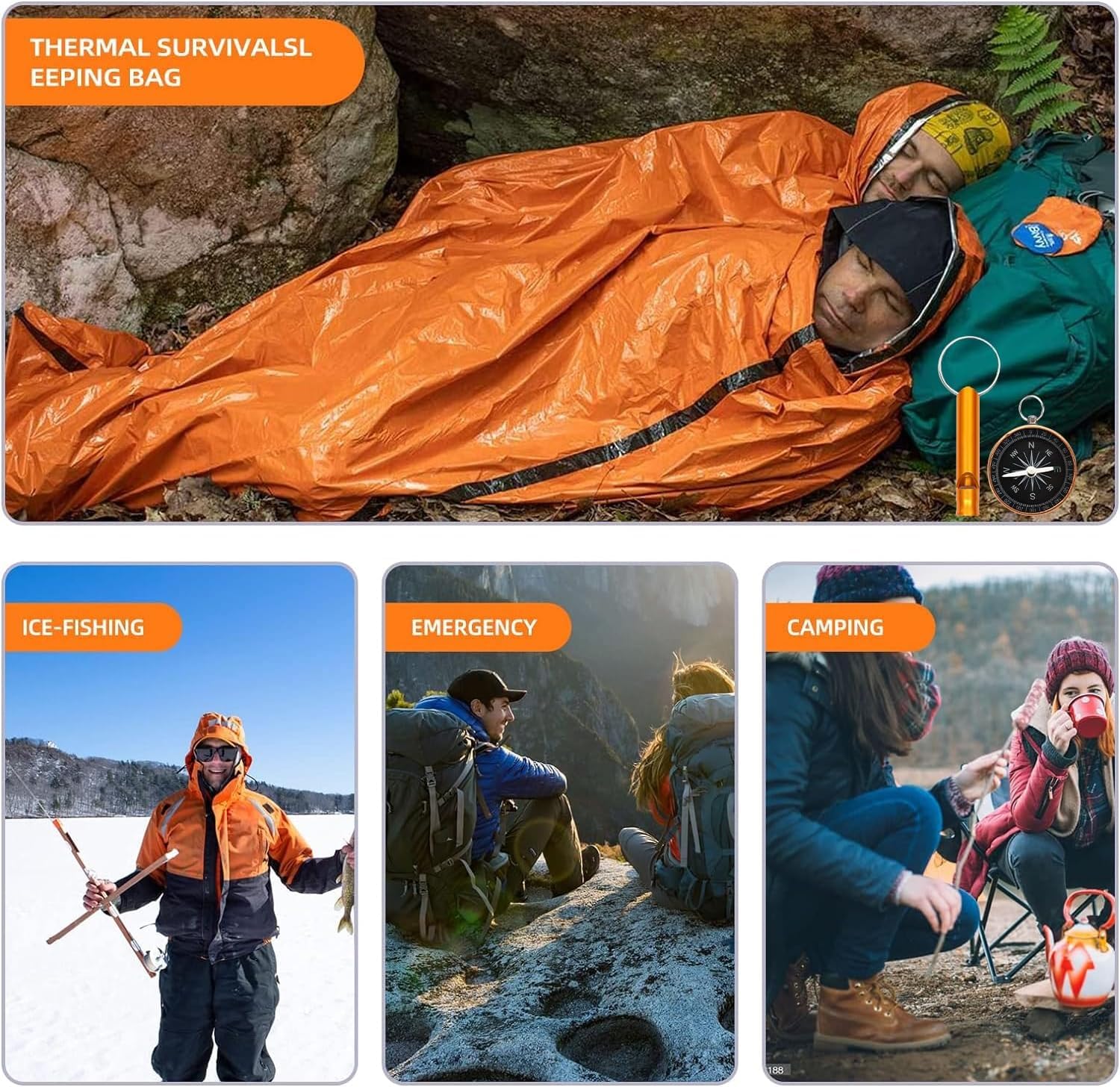 Sacco da bivacco di emergenza, coperta di emergenza, sacco a pelo di sopravvivenza, coperta da salvataggio, ultraleggera, impermeabile, resistente al freddo e al calore, con pipa e bussola per