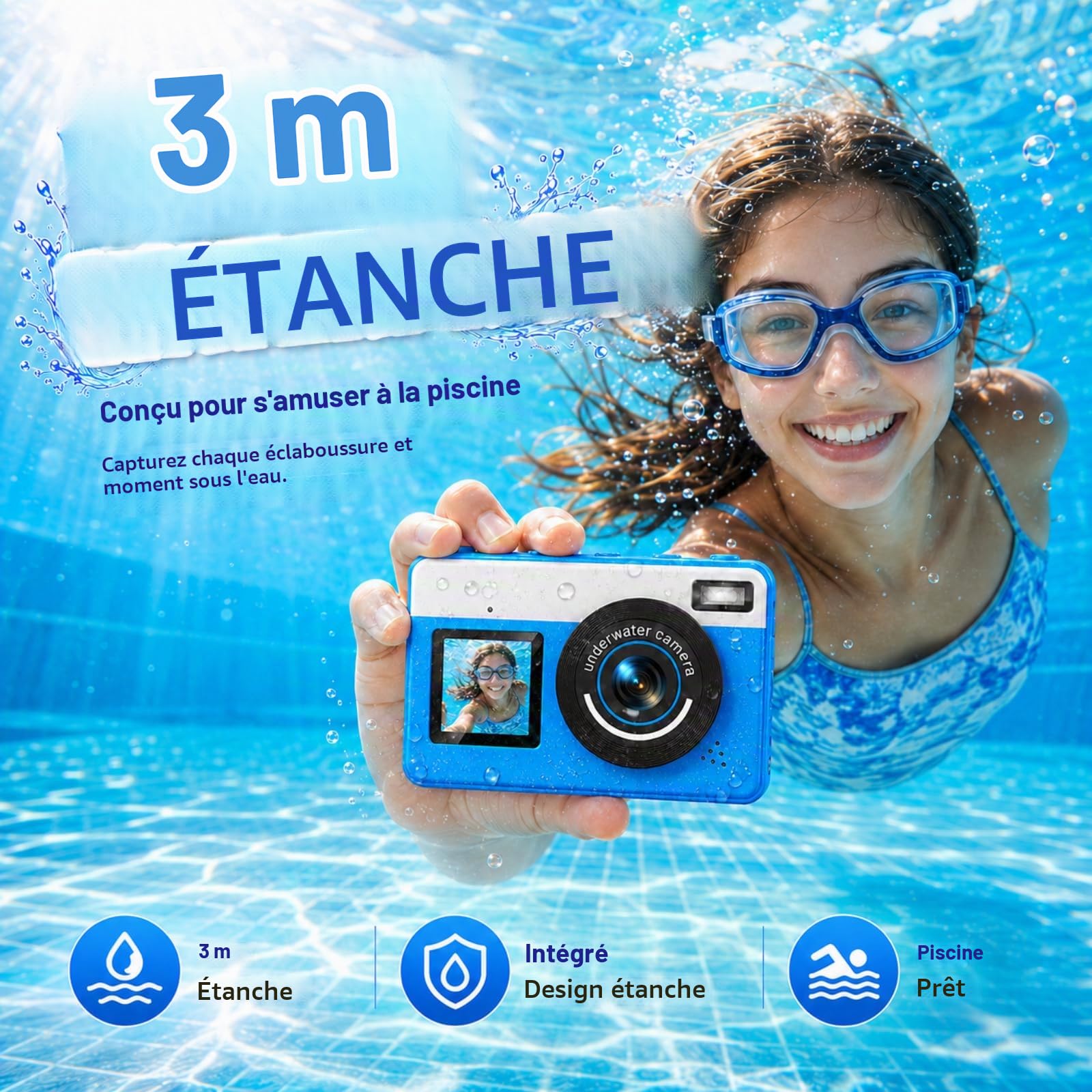 Maxmango D70 Appareil Photo Etanche Numérique 4K - Double Écran Selfie, Étanche 10FT - Autofocus, Zoom 18X- Parfait pour la Plongée, Le Snorkeling et la Natation - Inclut Carte 16 Go