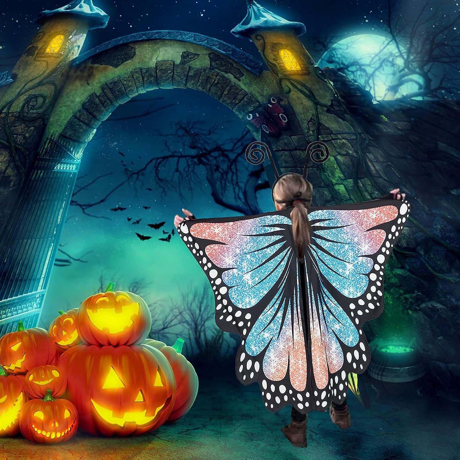 Miniatura 5 de Disfraz de Halloween de alas de mariposa para niñas incluye máscara y diadema con antenas