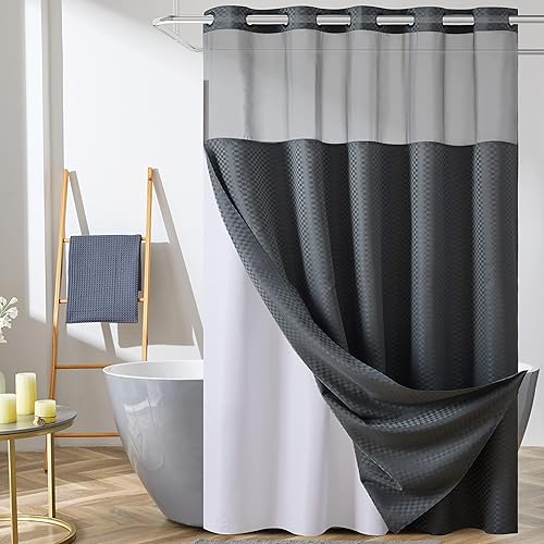 Furlinic Cortina de ducha a cuadros sin gancho con forro de tela a presión, cortinas de baño con textura de panal con ventana superior transparente,