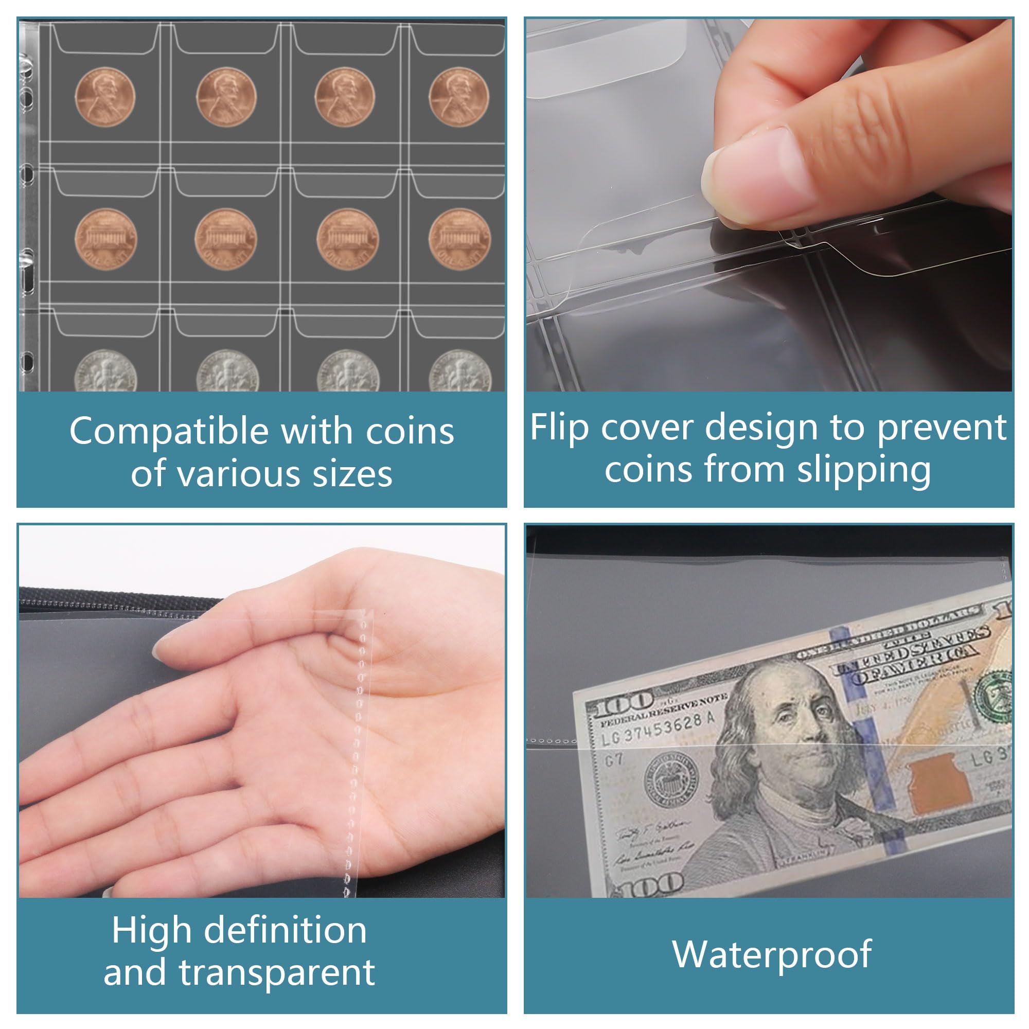 Soporte para libros de colección de monedas para coleccionistas, álbum de monedas ignífugas de 300 bolsillos y 36 fundas de carpeta de monedas de papel, organizador de monedas para billetes, centavos,