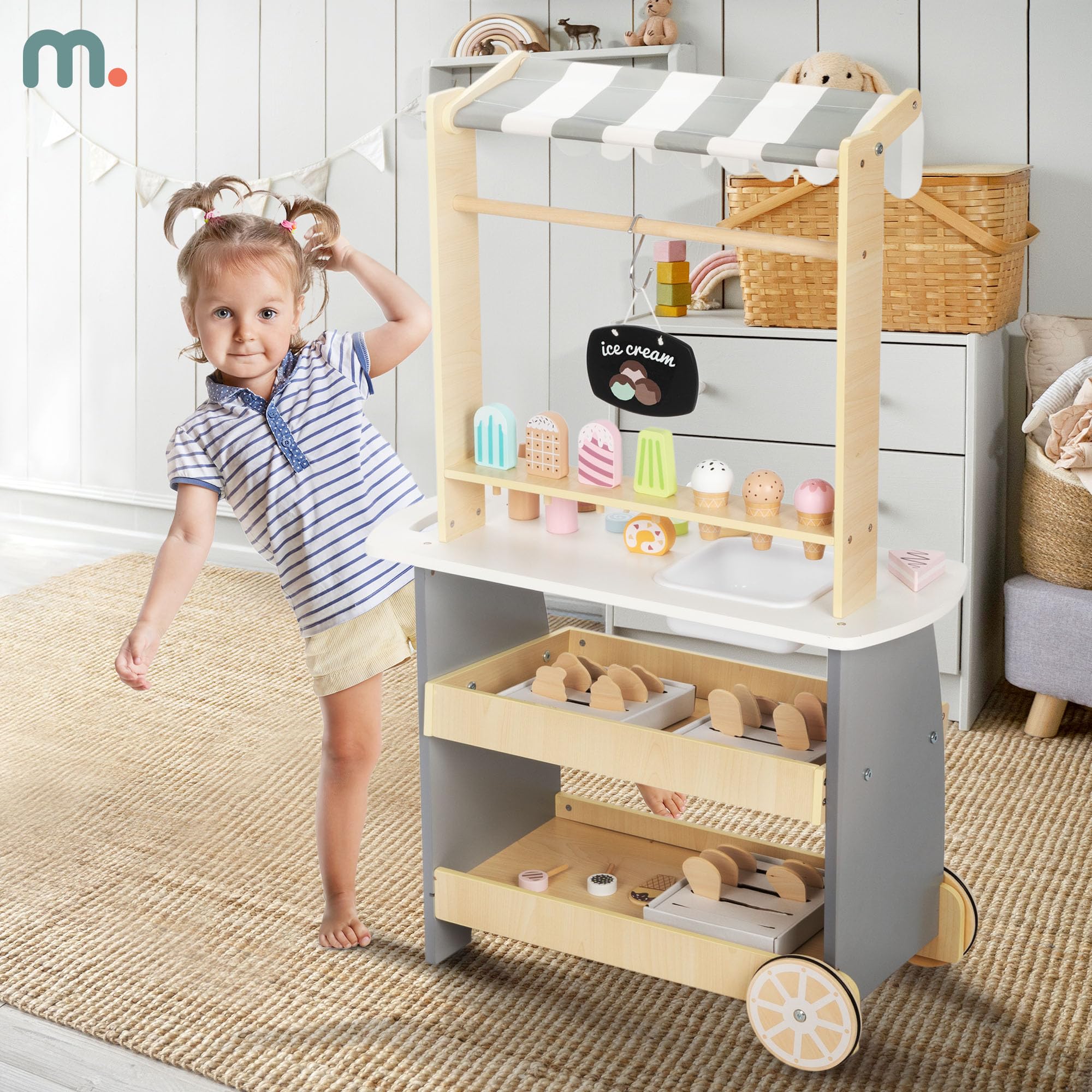 Mamabrum Holz Eisdiele für Kinder 3+, Rollwagen mit EIS, Spielen, Dezentes Design, Reichhaltige Accessoires, Entwickelt Kreativität und Soziale Fähigkeiten