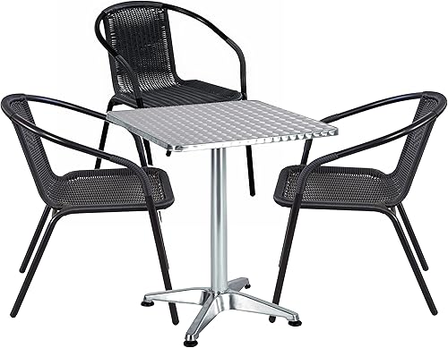 Miniatura 7 de BTEXPERT Mesa de restaurante cuadrada para interiores y exteriores de 27.5 "para patio, muebles de aluminio plateado de acero inoxidable con base