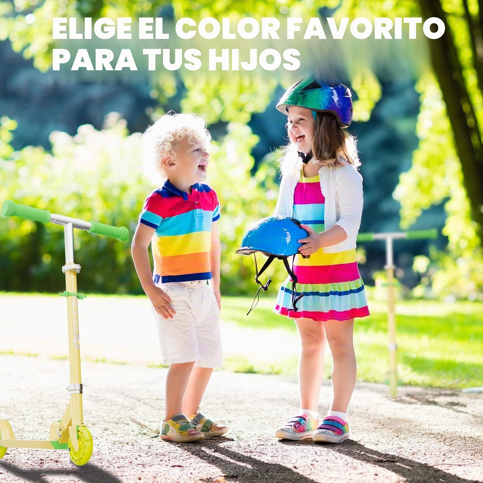 MEE GOO Patinete infantil de aluminio, plegable, altura ajustable, con freno de mano y campana, para niños de 8 años y despertar