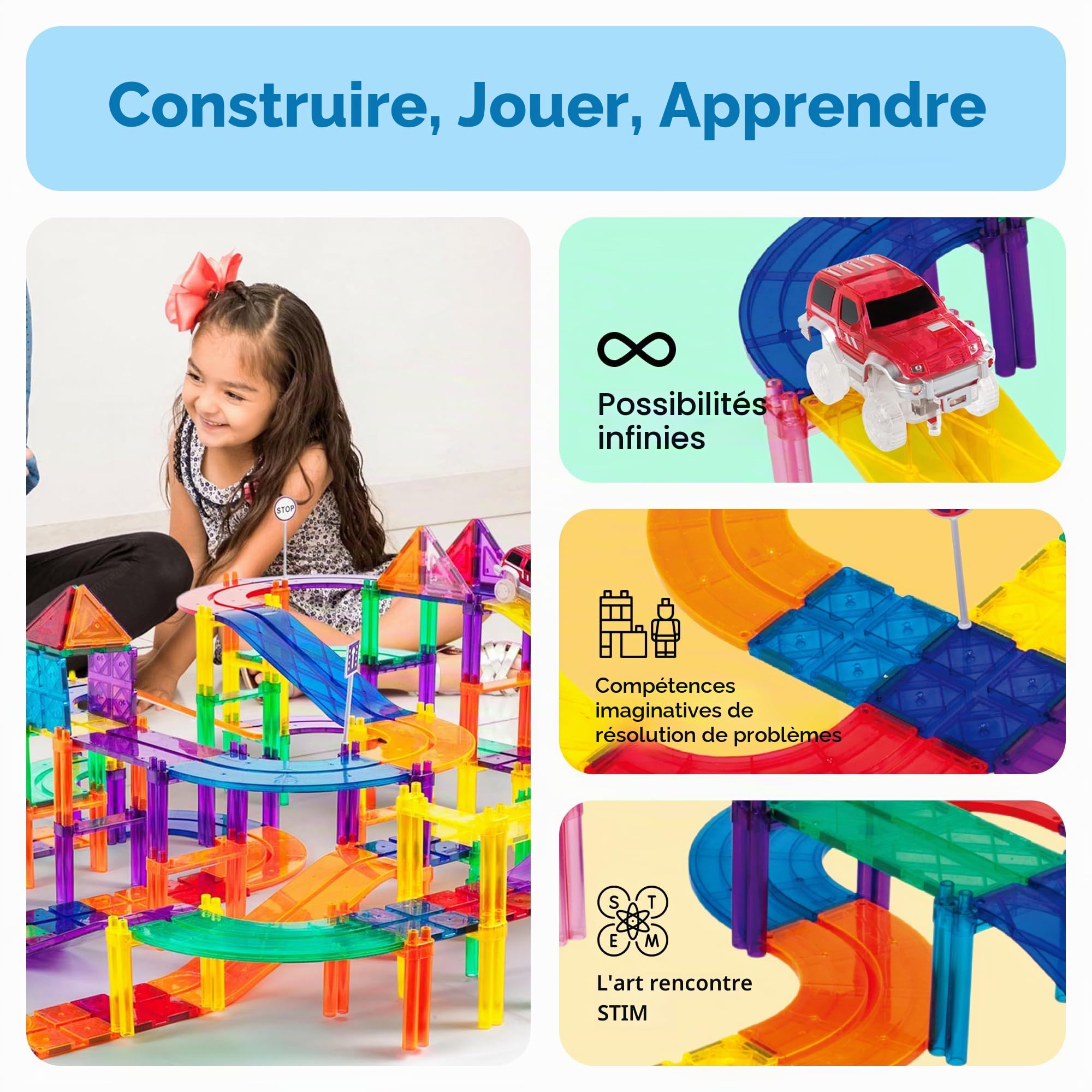 PicassoTiles 128 Pièces Circuit Magnétique Voitures STEM Course