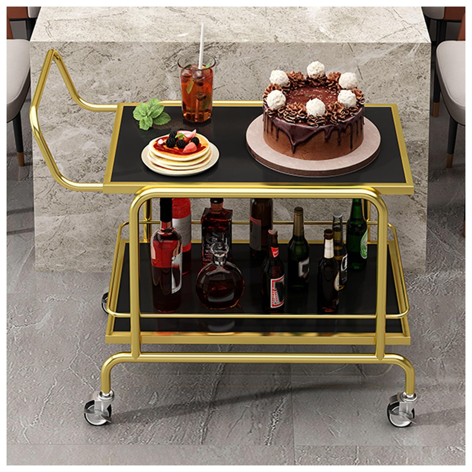 Carrito de servicio de habitación de hotel de 2 niveles, marco reforzado, pintura para horno de alta temperatura, lados de seguridad elevados, ruedas grandes de 3 pulgadas con frenos, perfecto para un