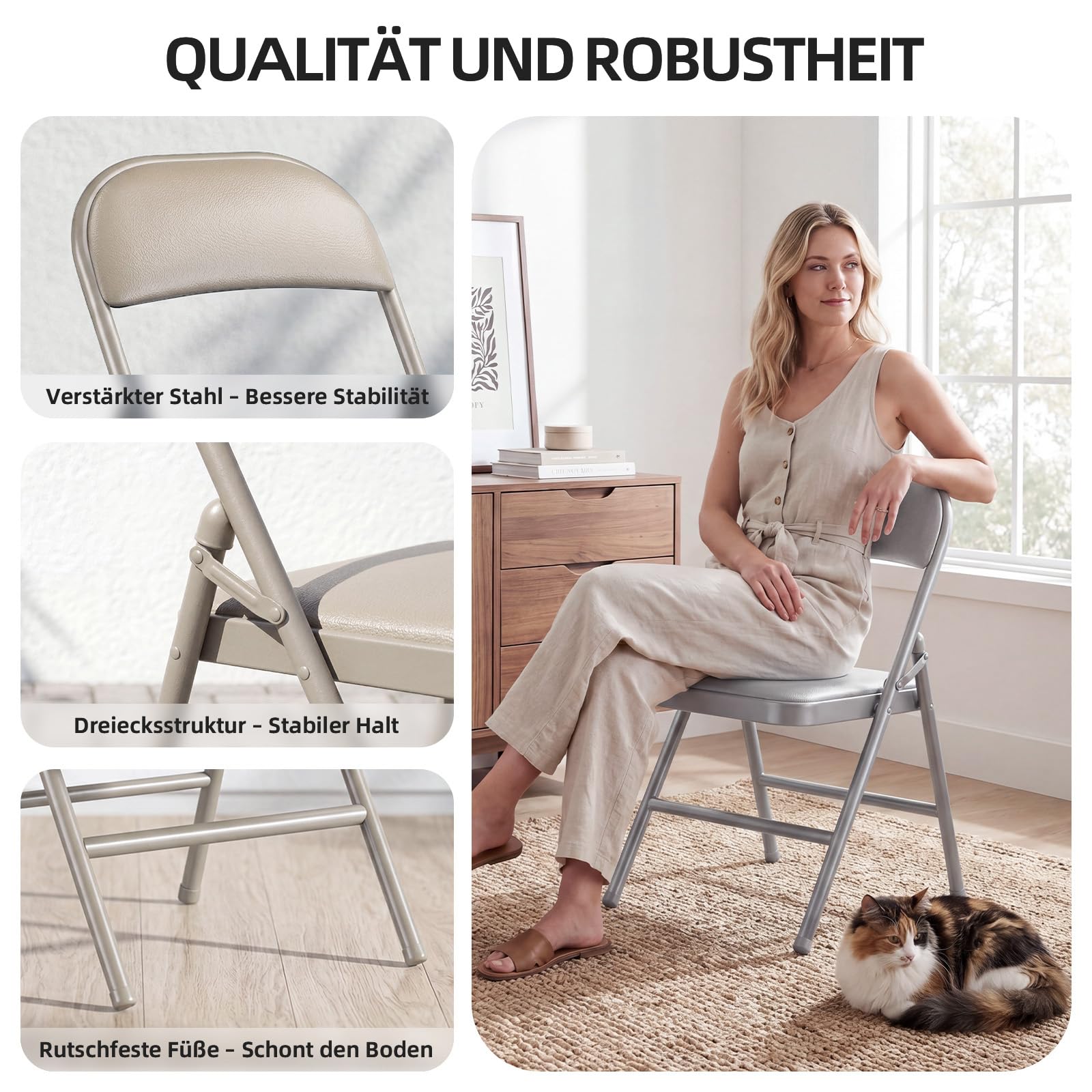 Klappstuhl 8er Set, Klappstuhl Gepolstert bis 158KG Tragfähigkeit, Klappstühle mit Starker Stahlrahmen für Zuhause und Büro, Camping, Innen- und Außenveranstaltungen, Khaki