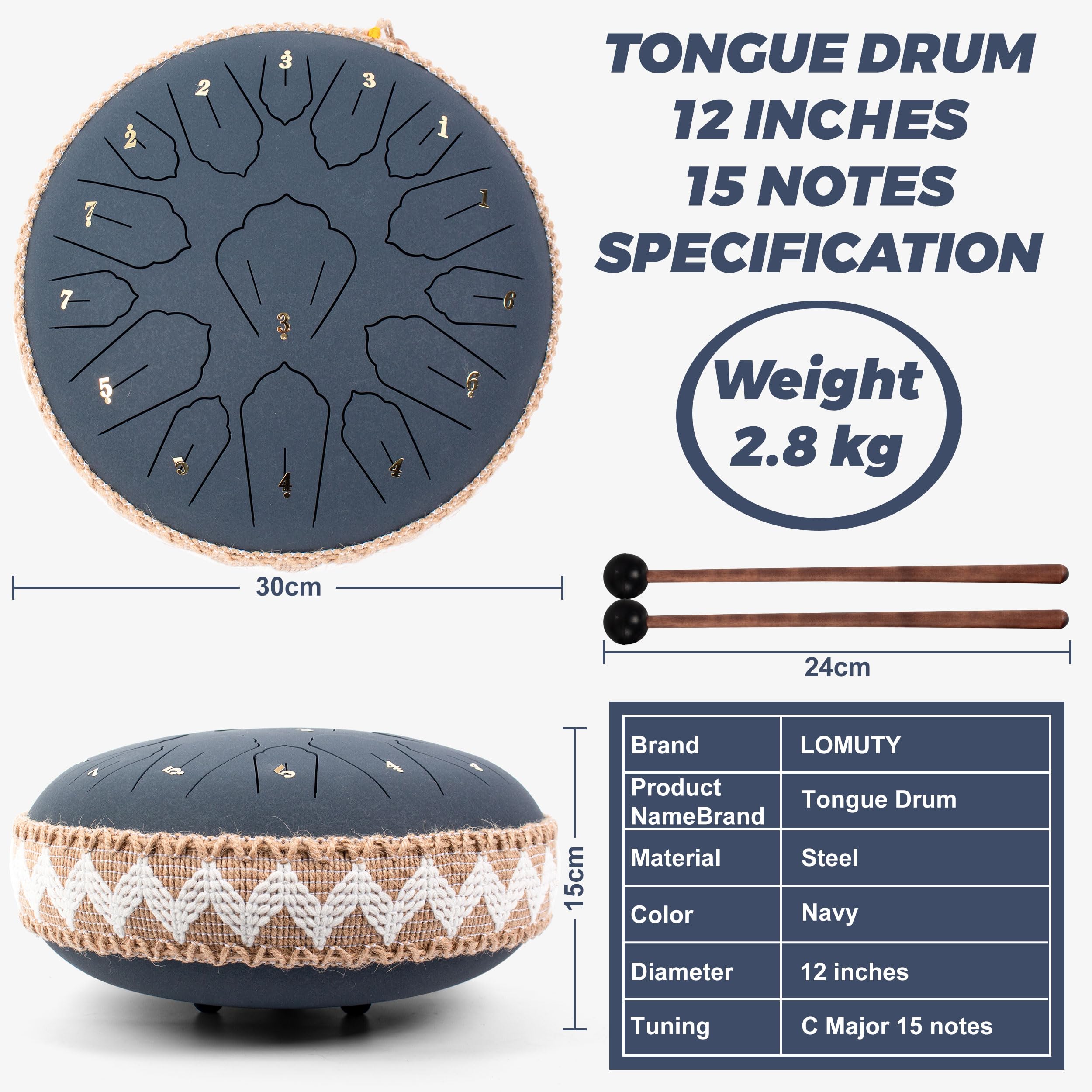 Handpan, Steel Drum, Hand Pan Drum, Bleu Marine | Steel Tongue Drum 15 Notes 12 Pouces 30cm C Majeur, Tambour à Langue en Acier Méditation et Yoga, Rain Drum Tambour a Pluie