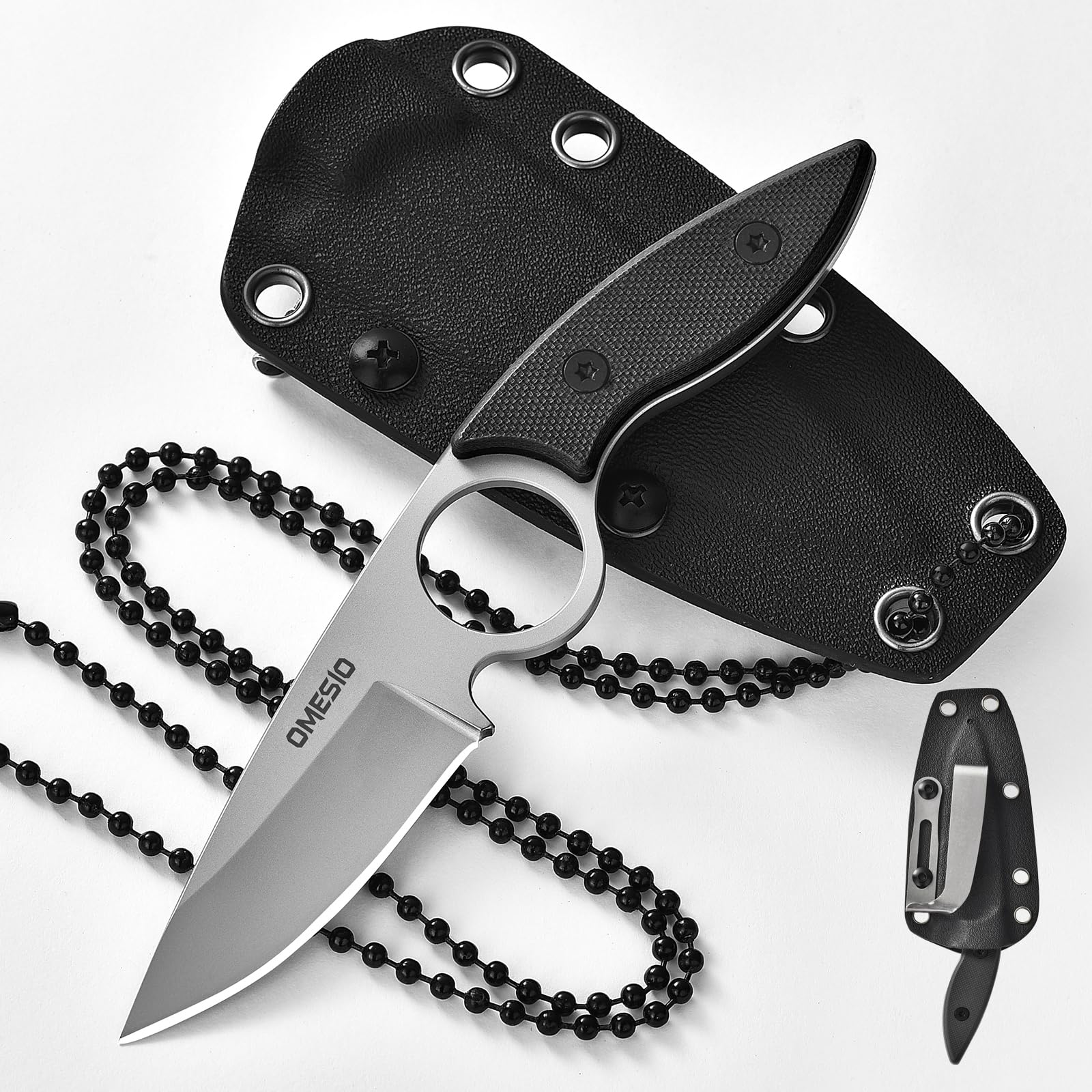 Omesio Neck Knife with Sheath and Necklace, 2.36” 5Cr13MoV Steel, G10 Handle Full Tang Small Fixed Blade EDC Tactical Knife with Kydex Sheath for Men Women