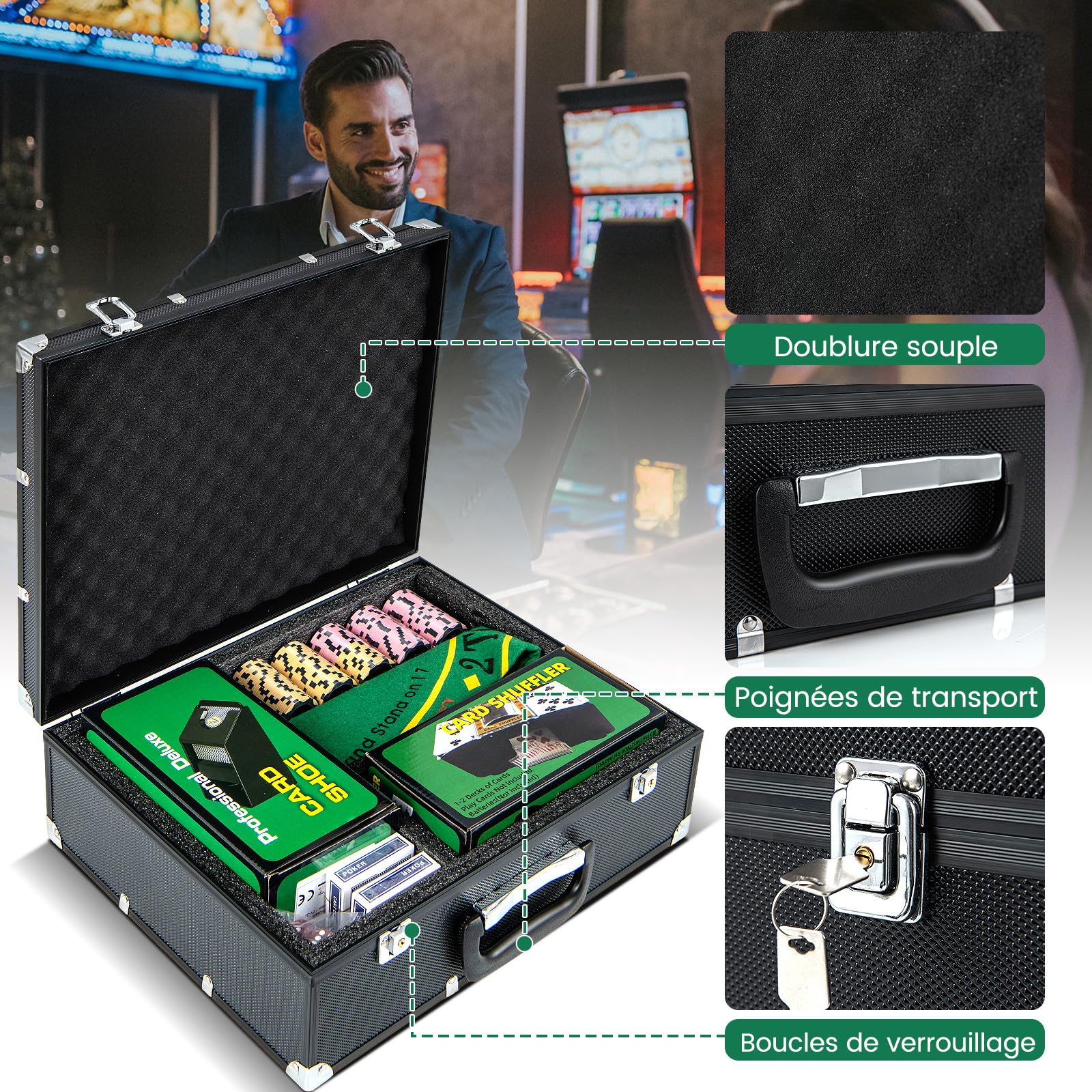 GOPLUS Mallette Poker 300 Jetons, 2 Jeux de Cartes, 5 Dés, 3 Jetons Croupier, Tapis feutré, Mélangeur de Cartes Automatique, Sabot de Carte, pour Texas Hold’em, Blackjack