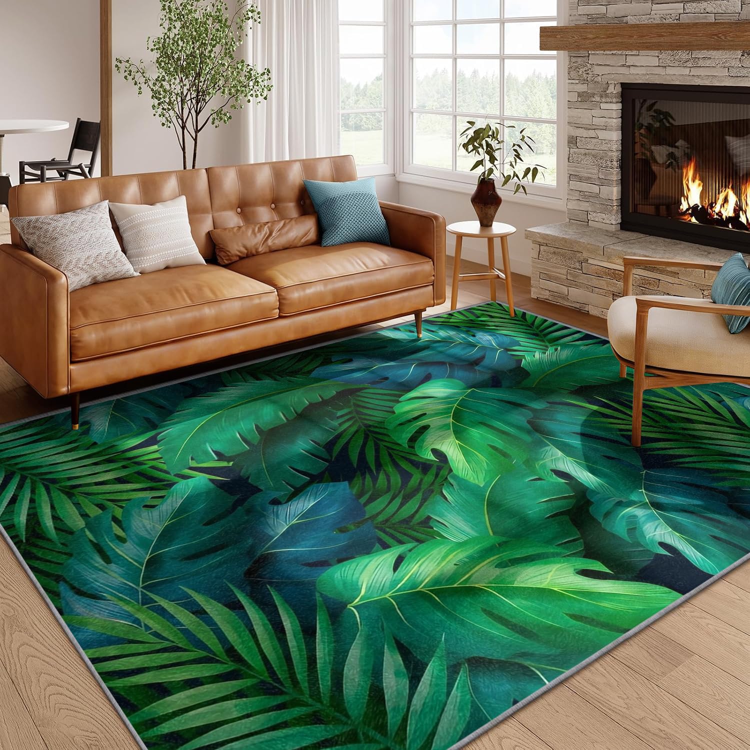 SMXVRC Green Palm Leaf Area Rug, 180x260cm, Tropical Jungle Botanical Print Pet-Friendly Anti-Slip Washable Mat, Low Pile Rug for Dining Room Office