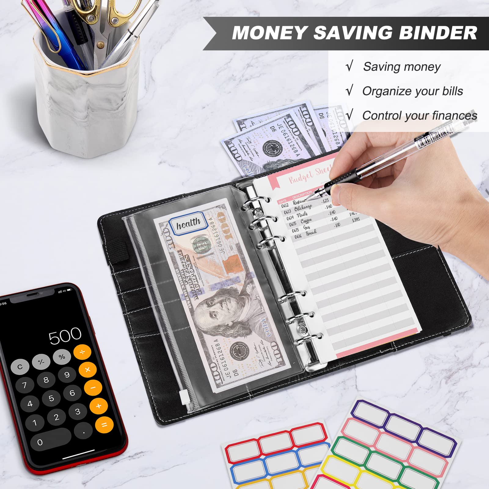 TAOPE Portadocumenti in Pelle PU A6 Binder Budget Set con 12 Sacchetti Trasparenti Cerniera, Nero Girasole