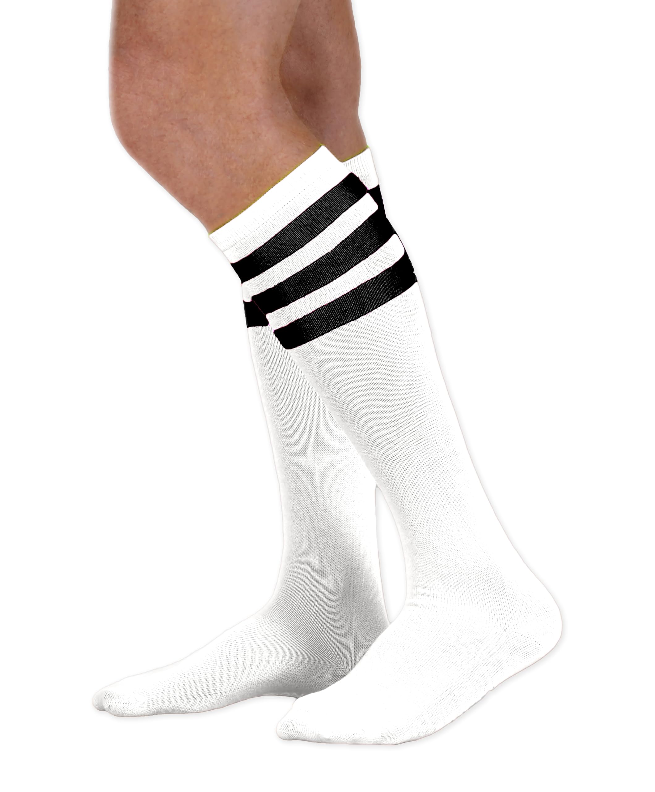 Unisex White Knee High Tube Socks - Three Various Colored Stripes