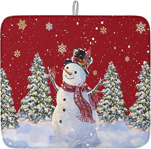 Tapete de secado de platos rojo de Navidad para encimera de cocina, tapete de cocina de secado de muñeco de nieve de Navidad para fregadero,