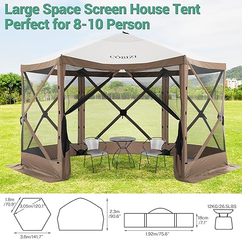 Miniatura 6 de COBIZI Tienda de campaña con pantalla desplegable de 12 x 12 pies para campamento, campamento al aire libre, con mosquitera, tienda de campaña