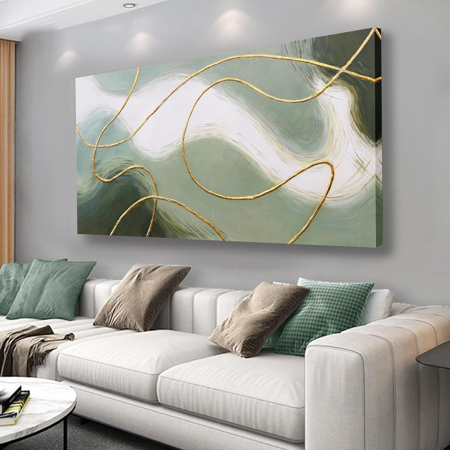 Green Abstract Wall Art Boho Wall Art Modern Art Decor Framed Canvas Painting Home Decor Wall Artwork Living Room Bedroom Restaurant Office Wall Decor 24X48inch