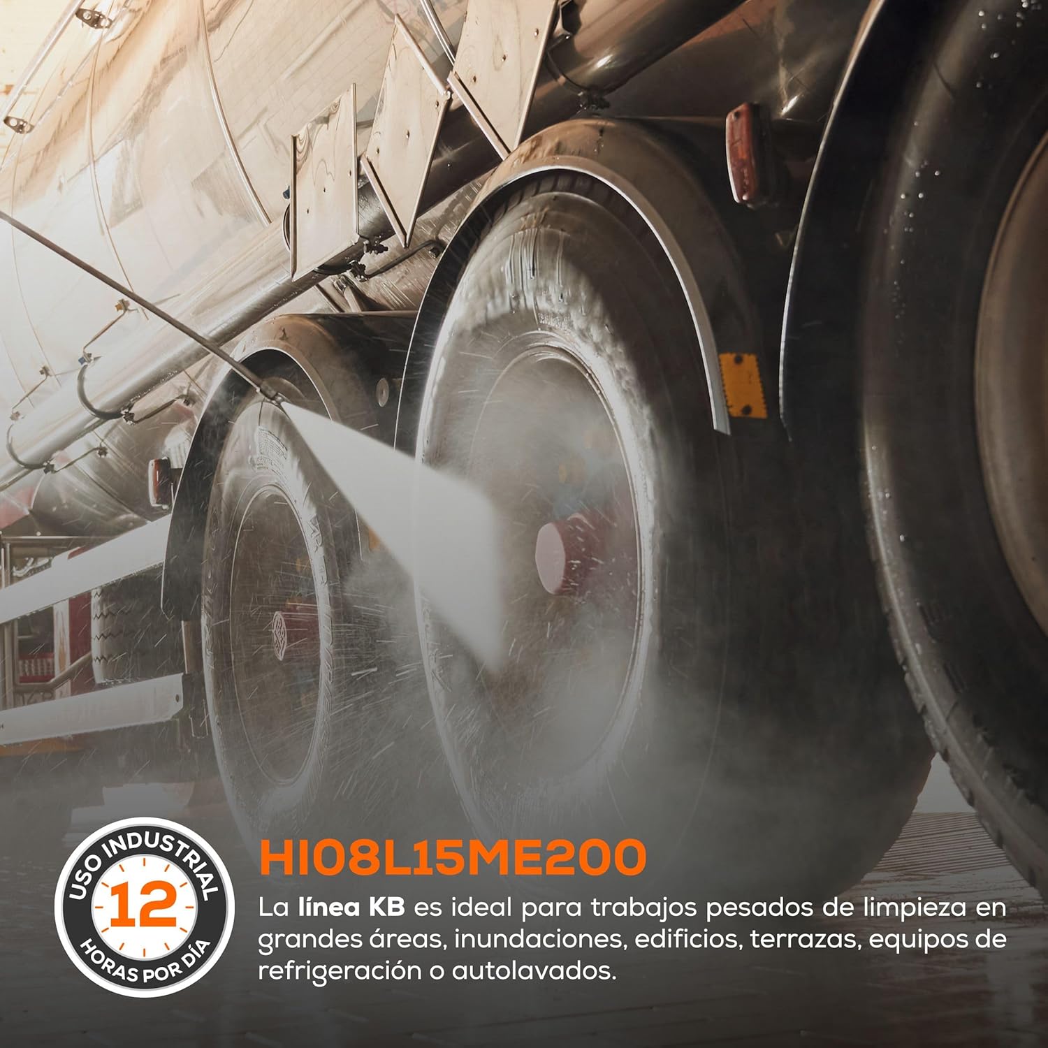 EVANS Electric Pressure Washer being used for industrial cleaning, specifically washing the tires of a large truck, highlighting its durability and suitability for heavy-duty tasks.