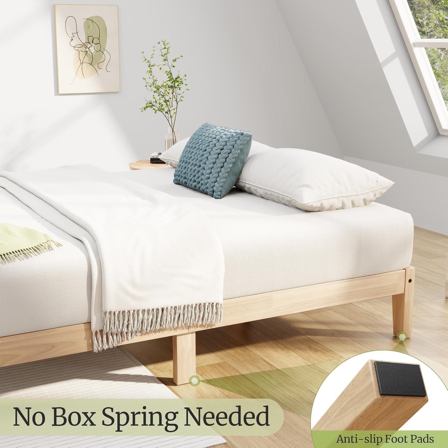 Queen Bed Frame, 12 Inch Solid Wood Platform Bed with Wooden Slats, Natural Finish Wood Bed Frame No Box Spring Needed, Noise Free - Easy Assembly - Image 3