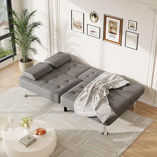 Miniatura 39 de Furmax Sofá cama futón ajustable, sofá cama para sala de estar, oficina de negocios, sofás reclinables con portavasos (piel sintética, negro) Negro