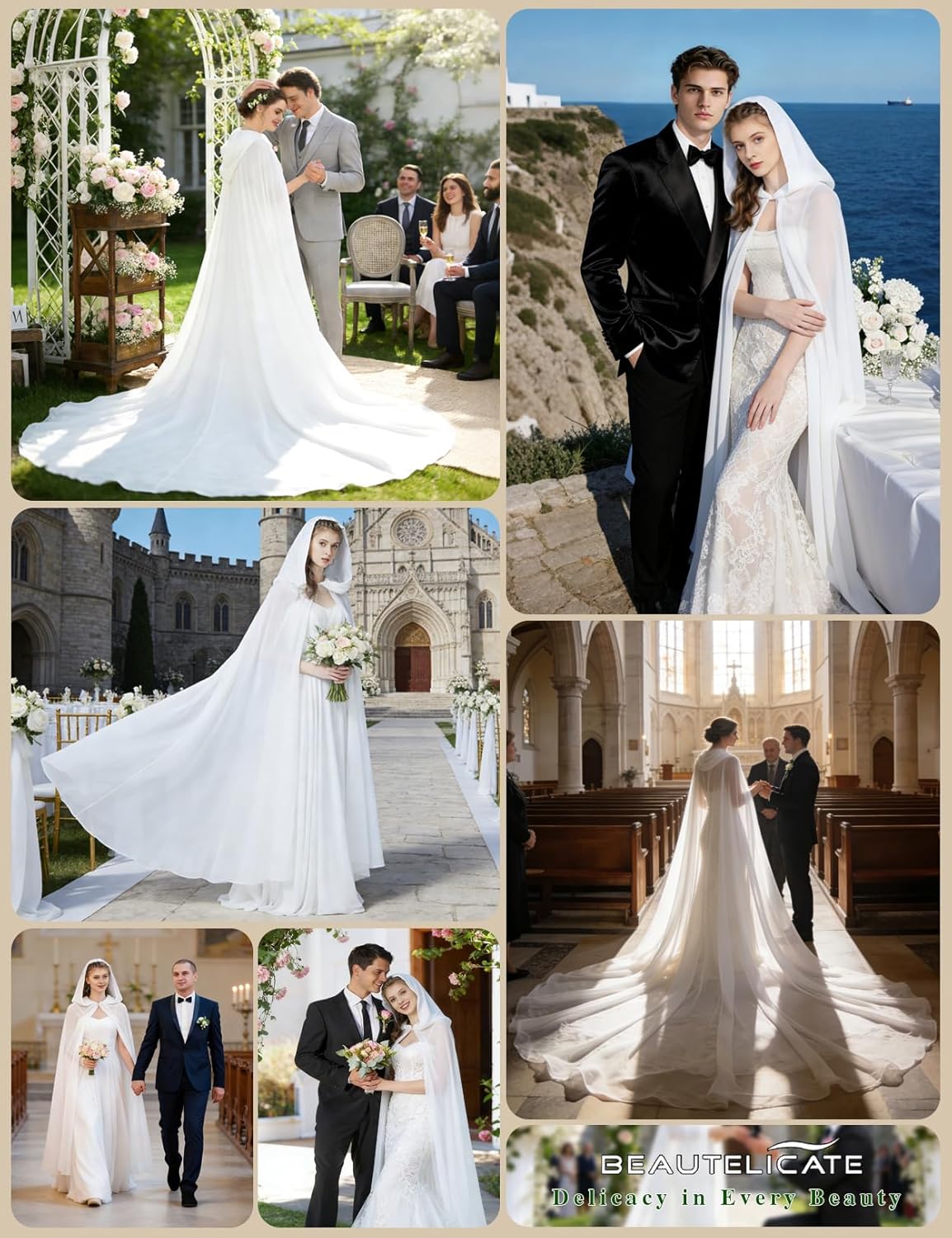 BEAUTELICATE Wedding Bridal Hooded Cloak Medieval Renaissance Cape Women Chiffon Shawl Wrap Pageant Train