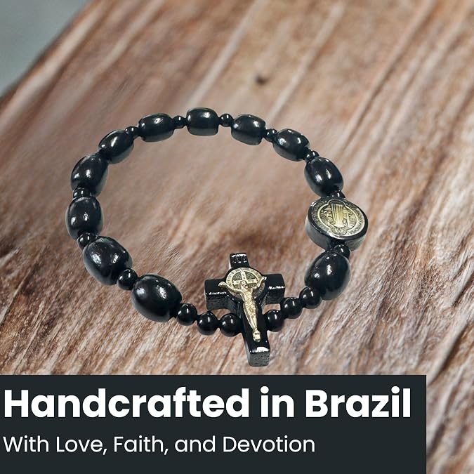 Catholica Shop - Catholic Religious Wear Elasticated Saint Benedict Bracelet Wooden Beads Decade Rosary Stretchable Bracelet for Men and Women