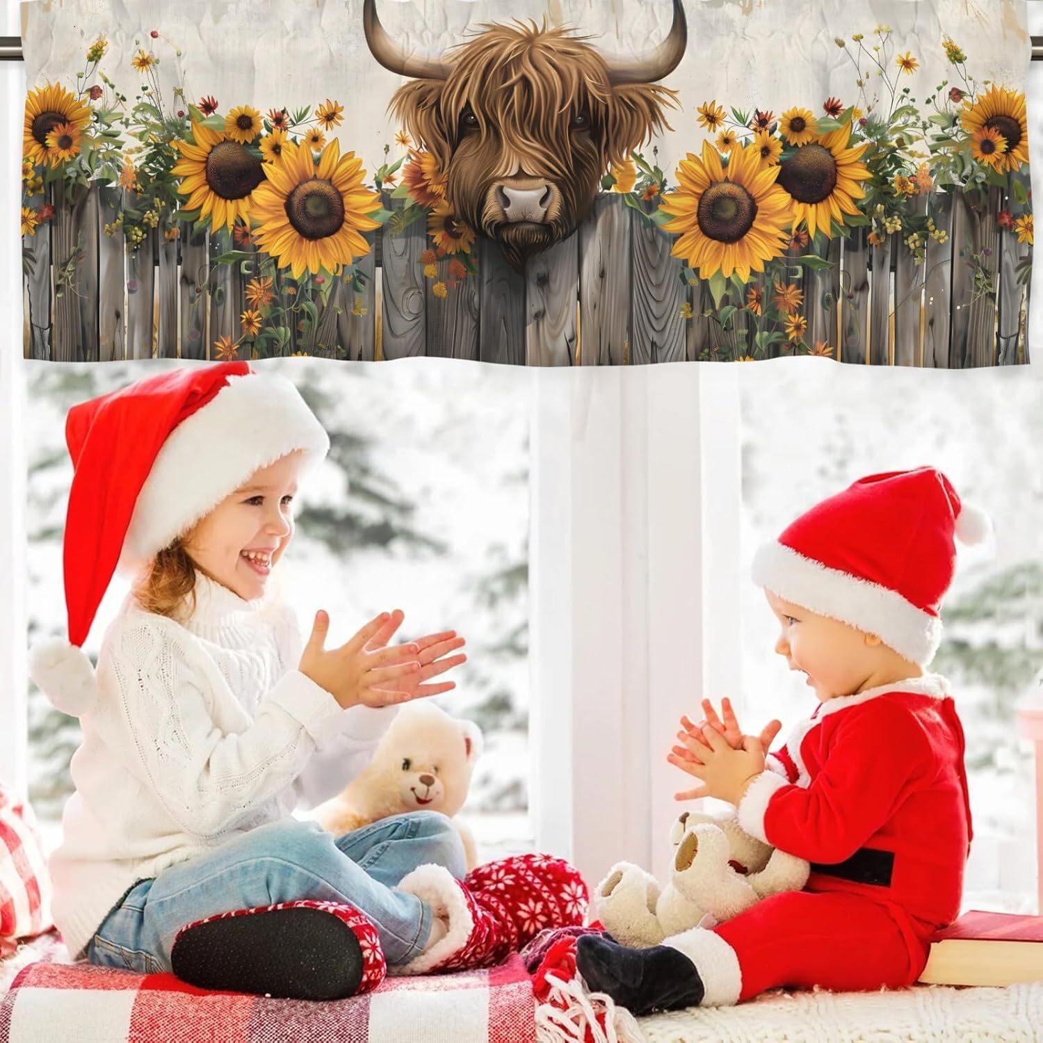 Highland Cow Sunflower Kitchen Valance Curtain Vintage Country Highland Yak Window Treatments Rod Pocket Farm Animal Short Curtain Valance for Bedroom Living Room Bathroom 54x18 Inch 1 Pack