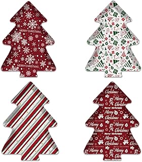 4-Piece Christmas Tree Melamine Plate Set, 13 x 10 Inch Holiday Dishes with Snowflakes, Candy Canes, Stripes & Festive Icons, Seasonal Tableware for Entertaining, Decor & Gift Giving