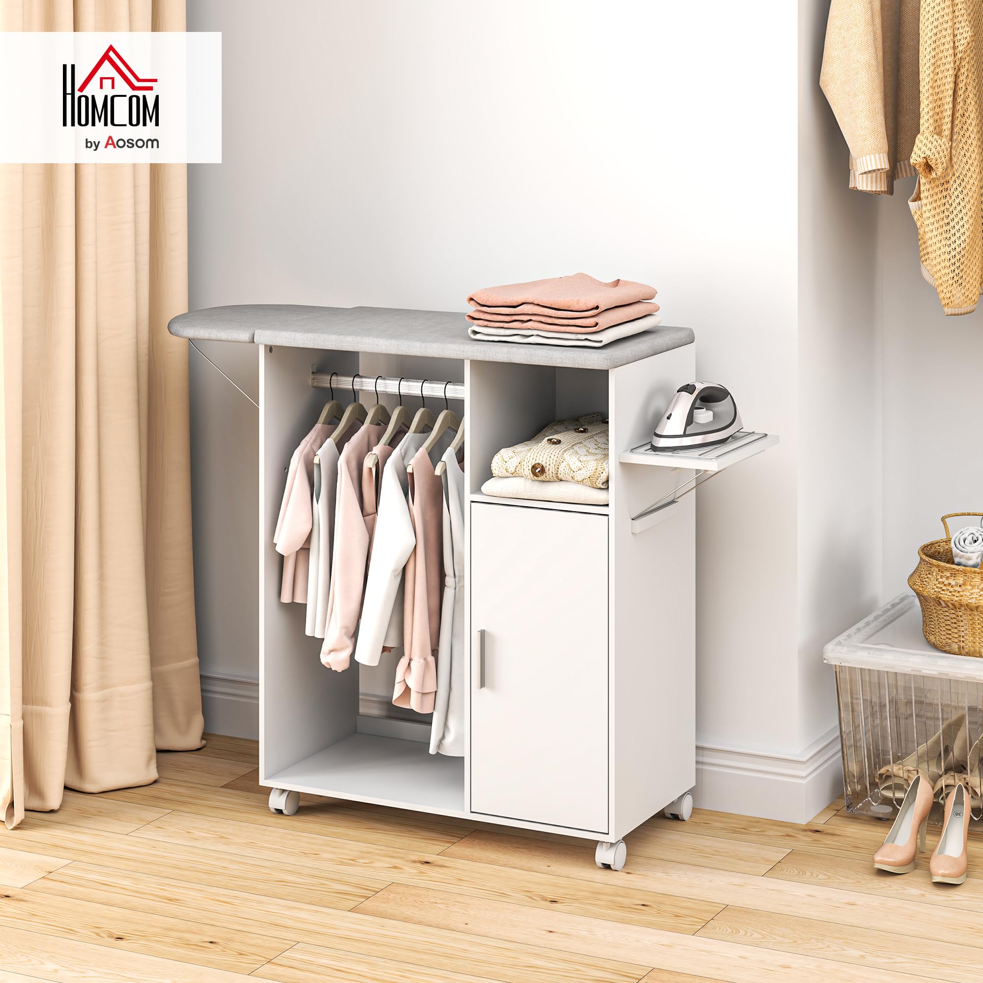 HOMCOM Mueble de Planchar de Madera Mueble de Planchado Tabla de Planchar Plegable con Ruedas Barra para Colgar Ropa Estante Abierto Estantes Ajustables para Sala Dormitorio 127x42,5x99 cm Blanco