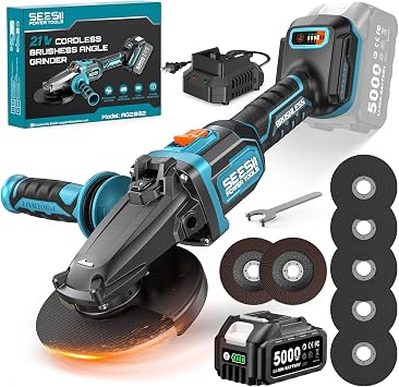 SEESII 4-1/2 to 5" Flathead Cordless Angle Grinder and 5.0Ah Battery