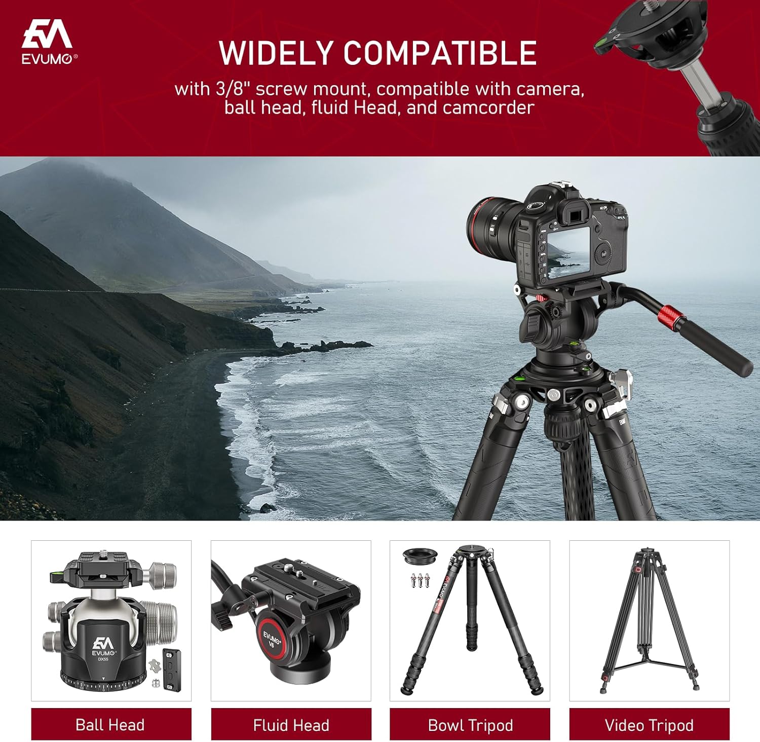 EVUMO B75M 75mm Bowl Adapter With Retractable Handle, 3/8'' Mounting Screw, Aluminum Alloy Half Ball Leveling Base, Level Bubble and Gravity Hook - Compatible With Tripod, Ball Head, Fluid Head